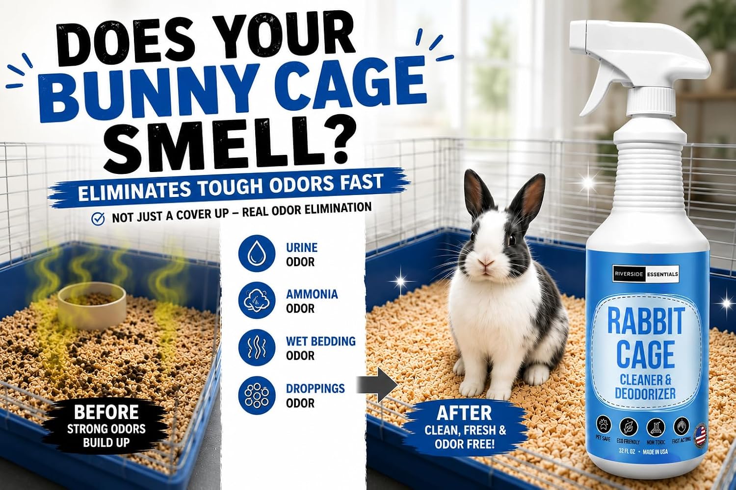 Rabbit Cage Odor Eliminator & Cleaner Spray (32oz) – Eliminates Tough Urine, Ammonia & Bedding Odors – Non-Toxic, Fast Drying, Safe Cleaner for Bunny Cages - Made in USA - Image 2