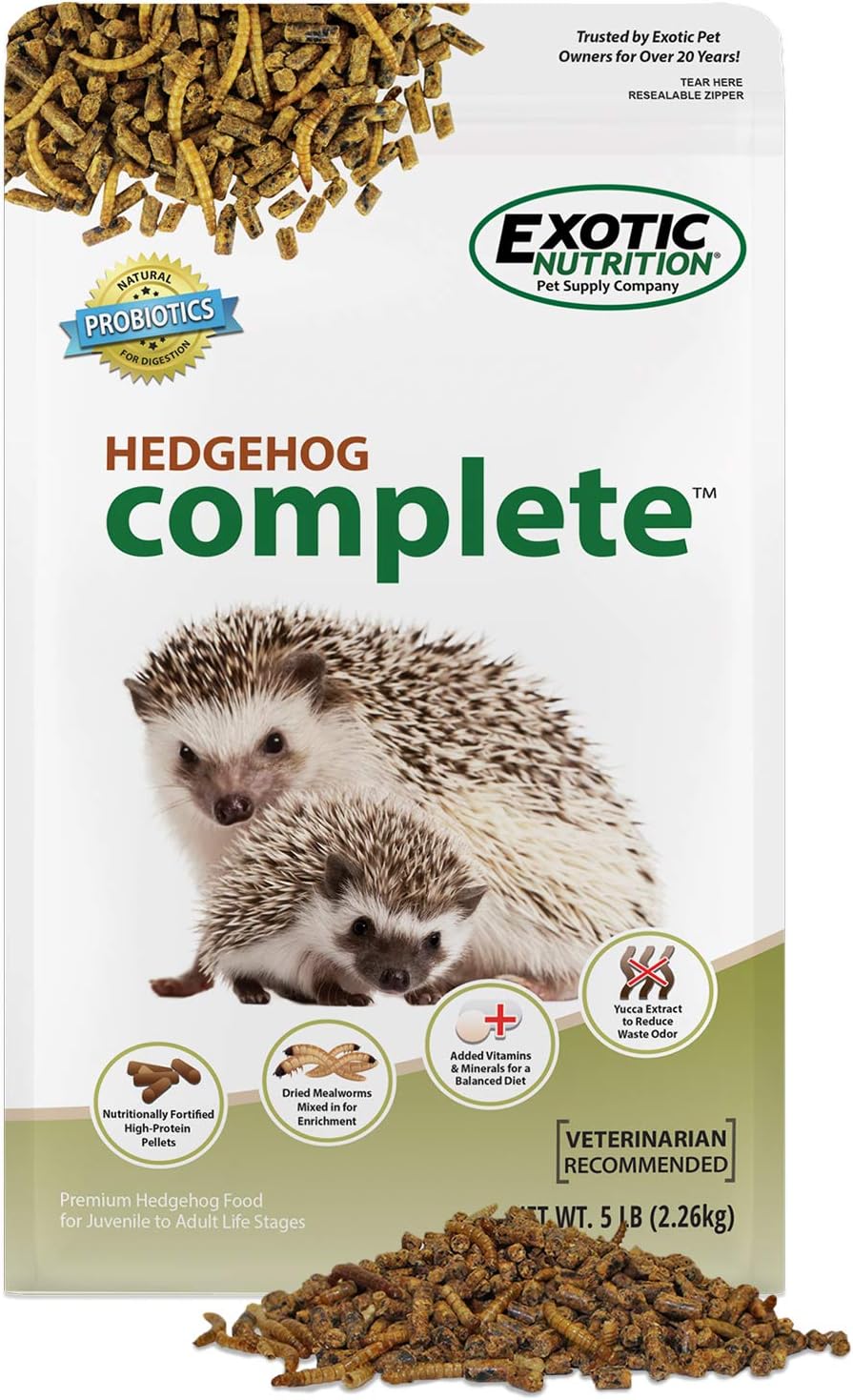 Exotic Nutrition Hedgehog Complete 5 lb - Nutritionally Complete Natural Healthy High Protein Pellets & Dried Mealworms - Food for Pet Hedgehogs