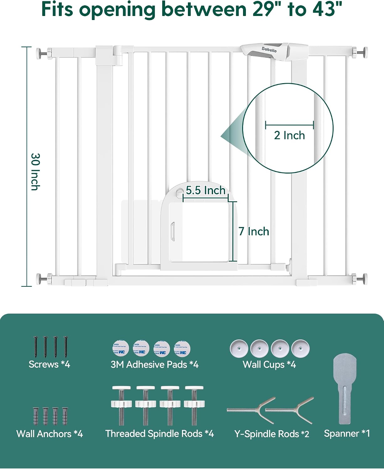 Babelio Upgraded Baby Gate with Adjustable Cat Door, CatPrivilege Ⅲ, 29-43" Auto Close Durable Dog Gate for Stairs, Doorways and House, Easy Walk Thru Safety Gate with Pet Door, White - Image 8