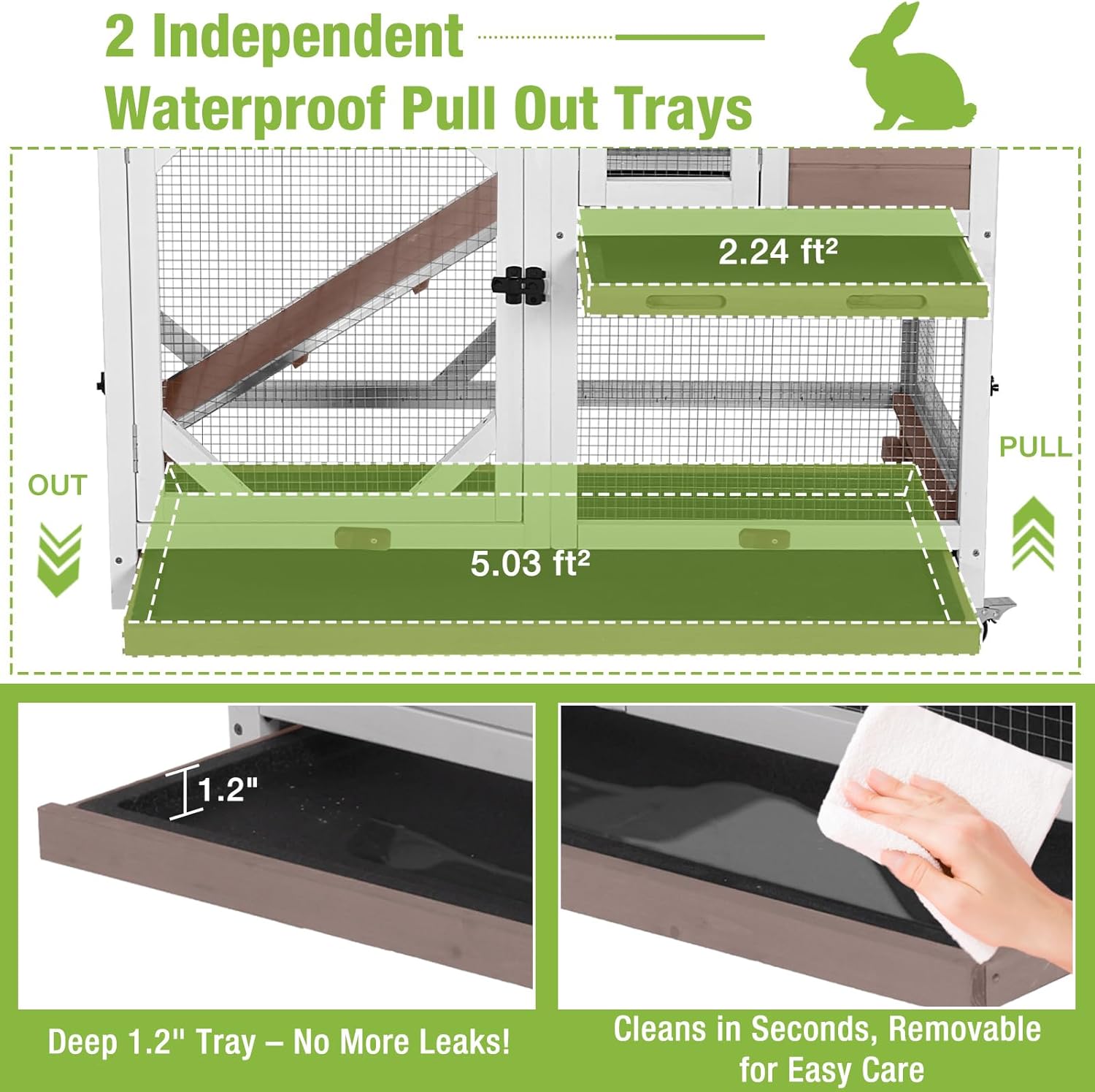 Gutinneen 2-Story Rabbit Hutch with Chew-Proof Ramp & Leak-Proof Trays - Indoor/Outdoor 39.3" Wooden Rabbit Cage with Wheels for Rabbits, Guinea Pigs - Image 5
