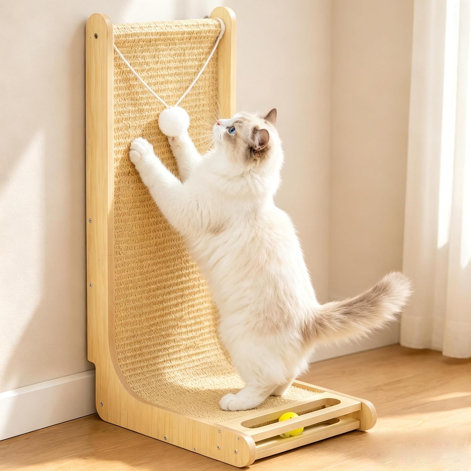 Sisal Cat Scratcher - 26.8" Large Wooden Cat Scratcher Pad with Bell Ball Plush Toy,L Shaped Scratching Post for Indoor Cats Adults,Vertical cat Scratcher Board to Protect Furniture