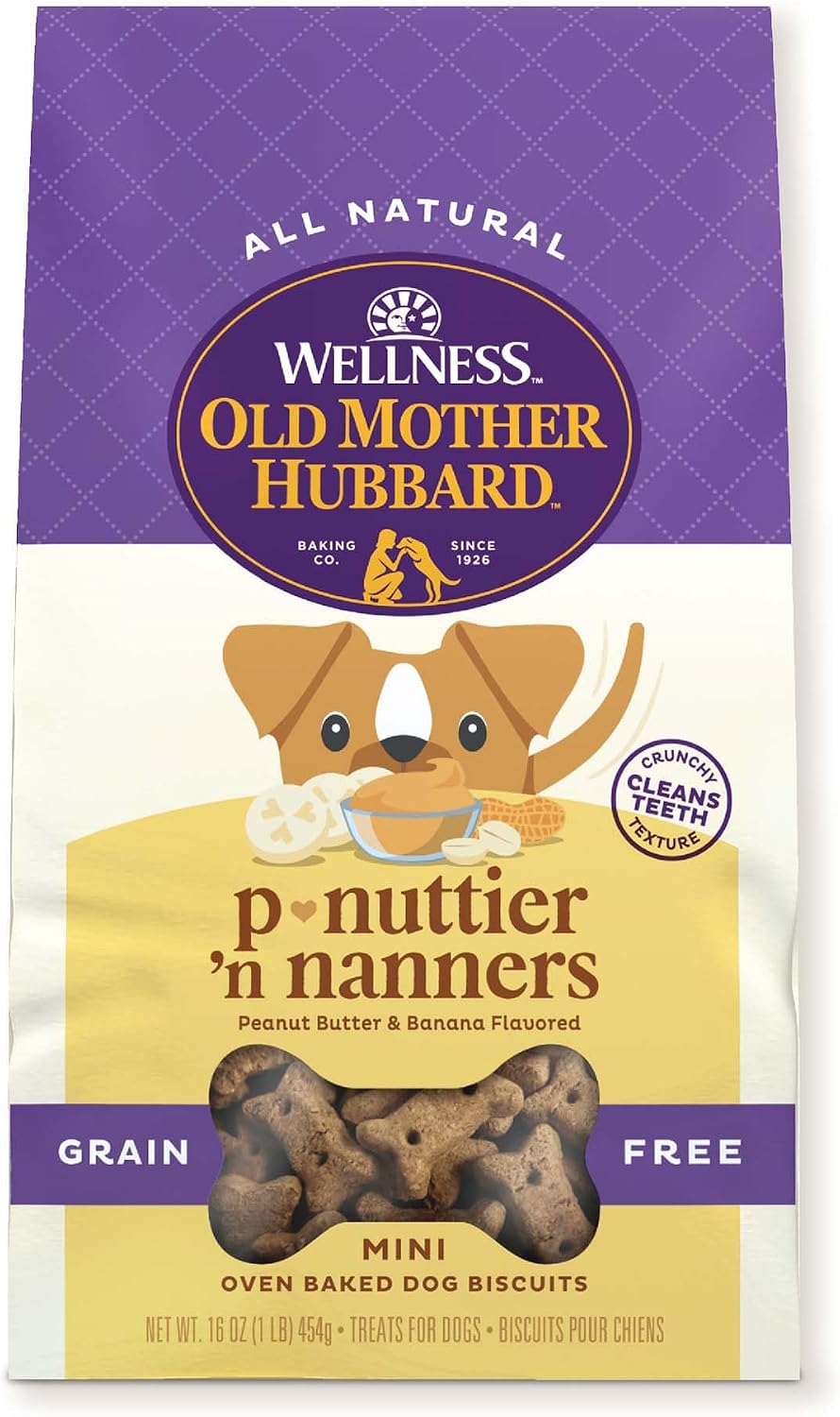 Wellness Old Mother Hubbard Classic Grain Free P-Nuttier'n Nanners Dog Biscuits, Natural Training Treats, Peanut Butter and Banana Flavor, Mini Size. 16 oz Bag