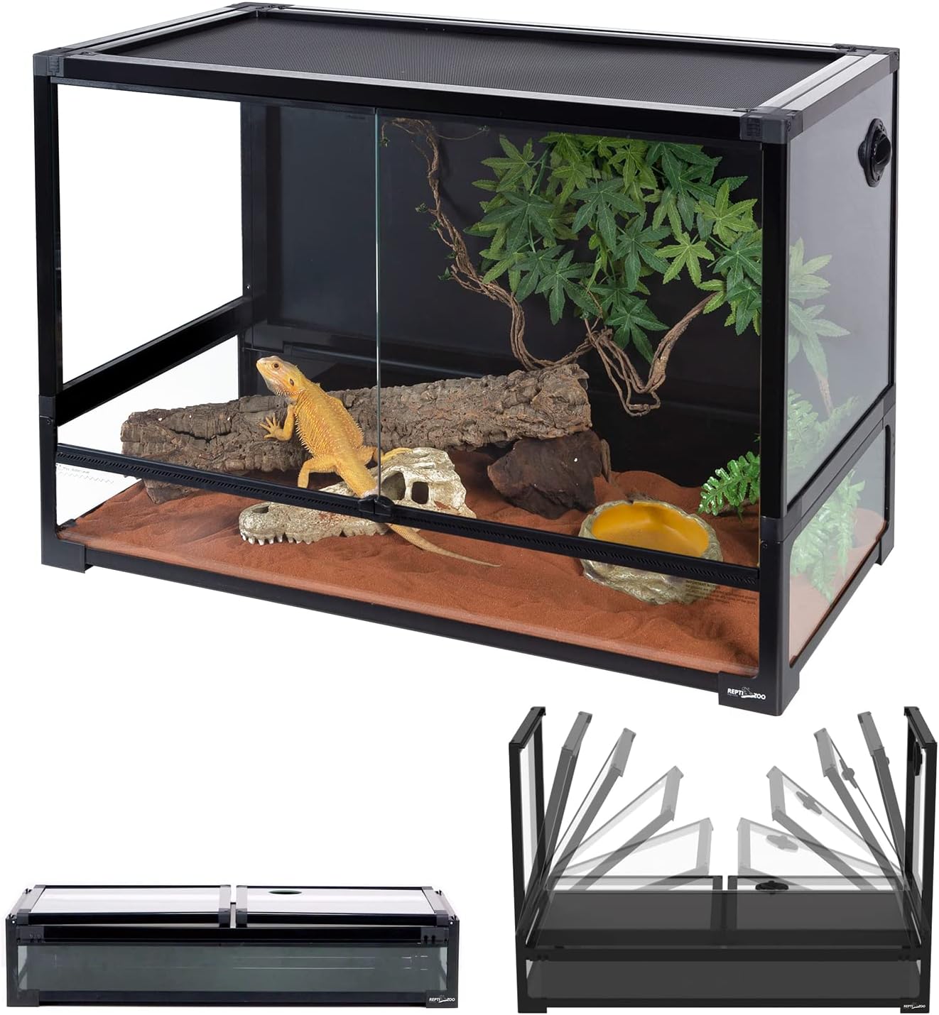 REPTI ZOO Collapsible 60 Gallon 36" Wide Reptile Tank, Tempered Glass Large Reptile Terrarium 36"x18"x24", Black PVC Back, Front & Top Ventilation & Anti Escape Lid, Easy Folding