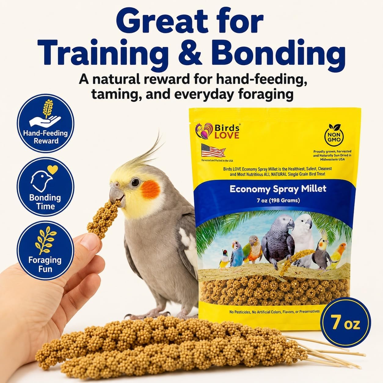 Birds LOVE® Economy Spray Millet for Birds, 7 oz, GMO-Free Natural Millet Spray Treat, Stem-Reduced Edible Tops, Grown in USA, for Parakeets, Cockatiels, Lovebirds, Finches, Canaries -Pack of 2 - Image 4