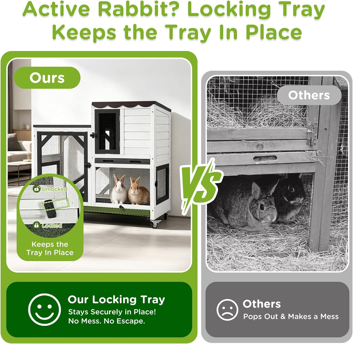 Gutinneen 2-Story Rabbit Hutch Bunny cage with Chew-Proof Ramp, Locking Leak-Proof Trays - Indoor/Outdoor 39.3" Wooden Rabbit Cage with Wheels for Rabbits, Guinea Pigs, Small Animal (Black and White) - Image 2