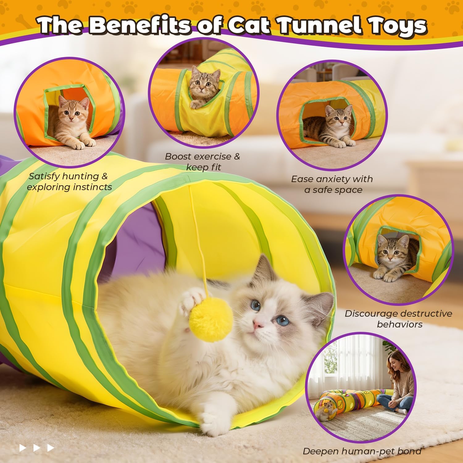 Cat Tunnel for Indoor Cats Large, Collapsible Cat Playhouse Pet Play Tunnel Tube Maze with Hanging Pom-Poms and Interactive Holes for Kitten, Kitty, Puppy, Rabbits, Ferret, Guinea Pig - Image 4
