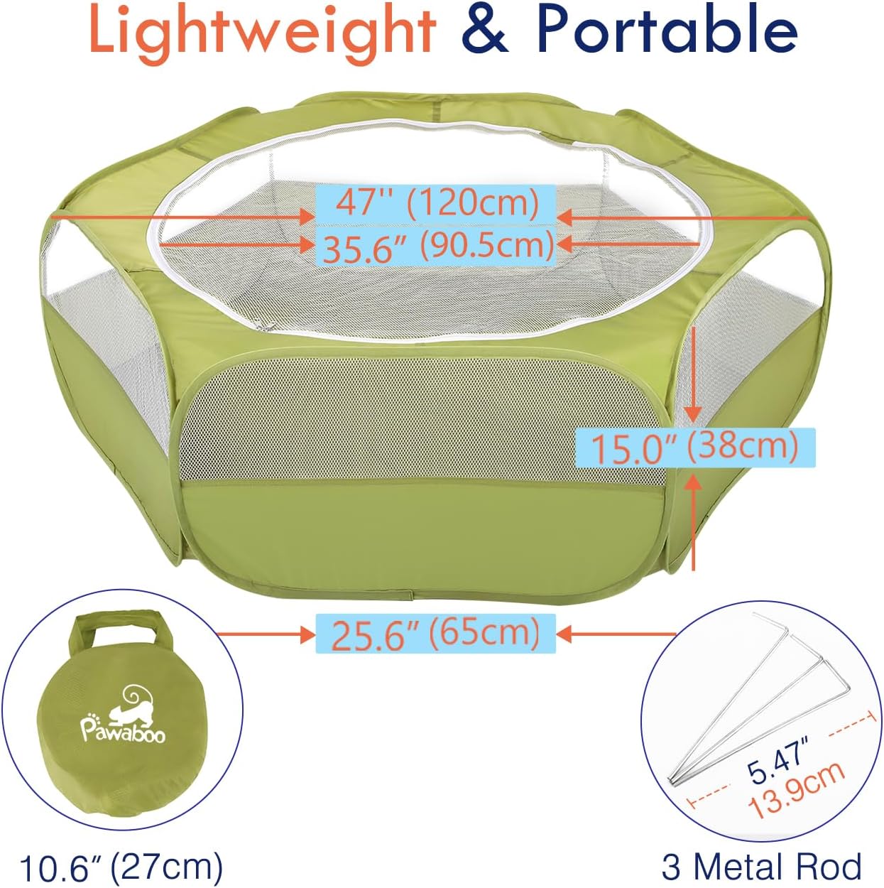 Pawaboo Small Animals Playpen, Waterproof Small Pet Cage Tent with Zippered Cover, Portable Outdoor Yard Fence with 3 Metal Rod for Chick/Kitten/Puppy/Guinea Pig/Rabbits/Hamster/Chinchillas,Green - Image 6