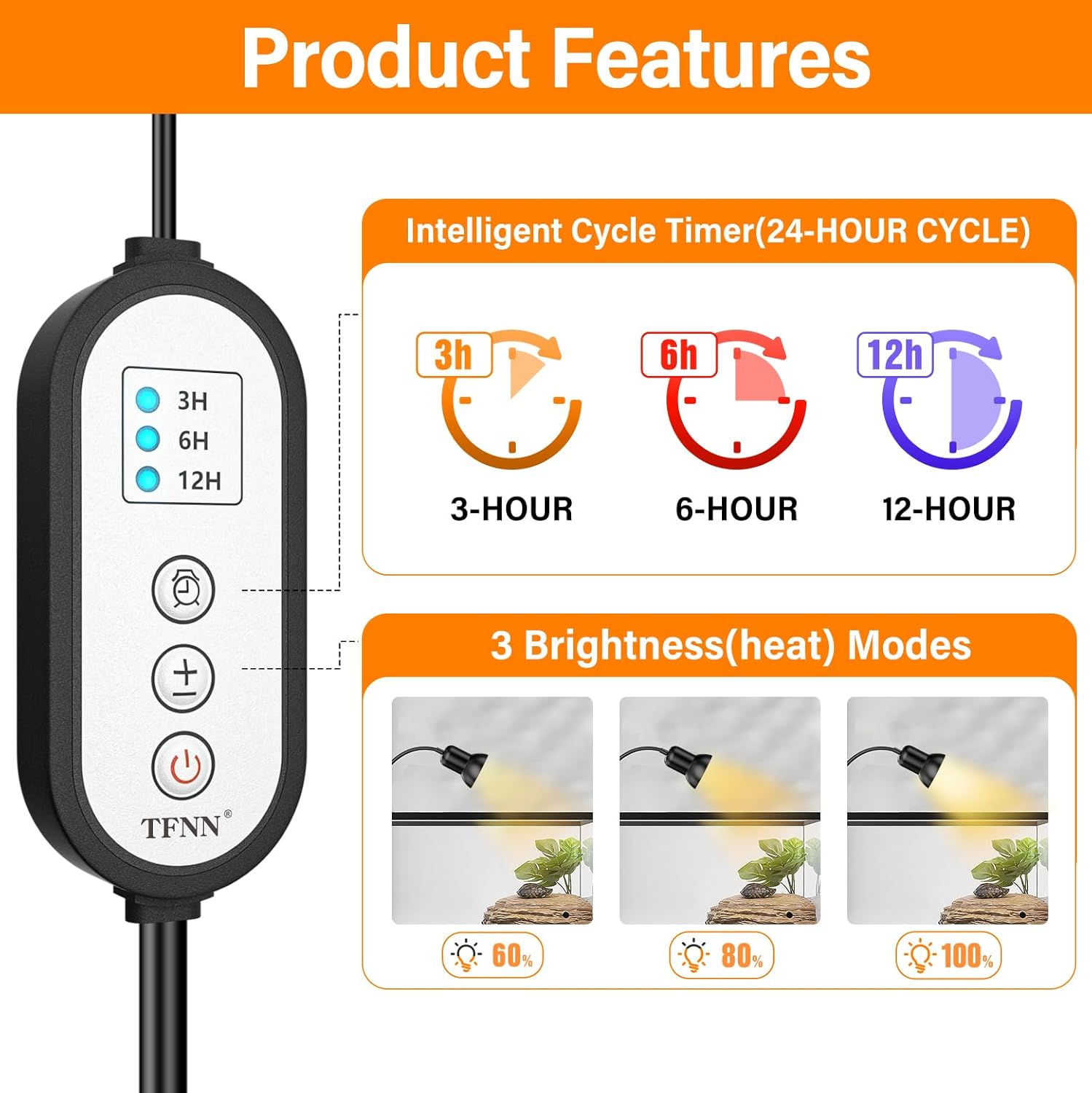 TFNN Reptile Heat Lamp, Heat Lamp with Clamp, UVA UVB Reptile Light with Intelligent Cycle Timer for Turtle, Bearded Dragon, Lizard and More, 2 Bulbs 50W+75W - Image 3
