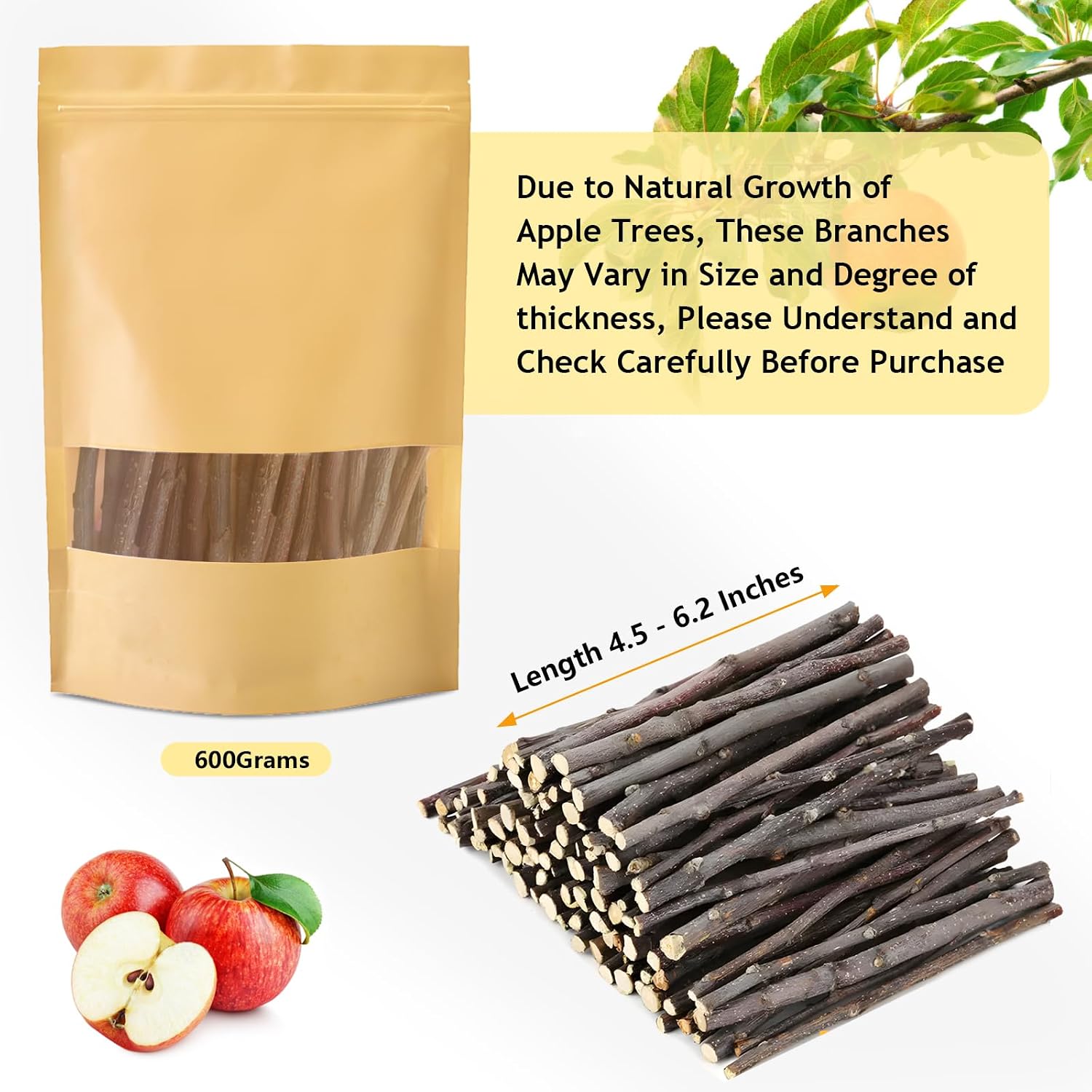 600g Organic Apple Sticks Small Animals Molar Wood Treats Toys for Chinchillas Guinea Pig Rabbits Hamster Gerbil Parrot Bunny Chew Stick Toys, 21.2 OZ - Image 2