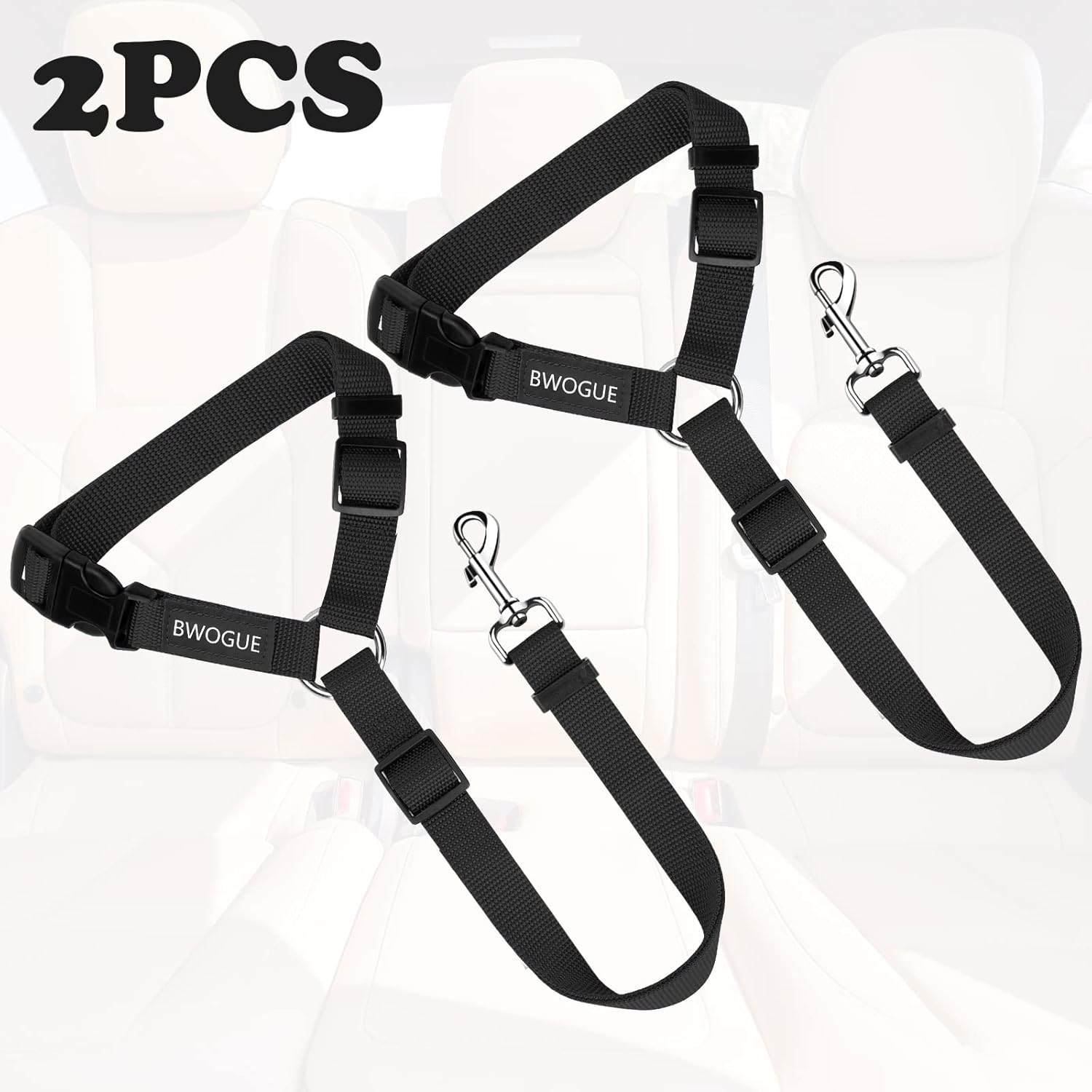 BWOGUE 2 Packs Dog Cat Safety Seat Belt Strap Car Headrest Restraint Adjustable Nylon Fabric Dog Restraints Vehicle Seatbelts Harness - Image 2