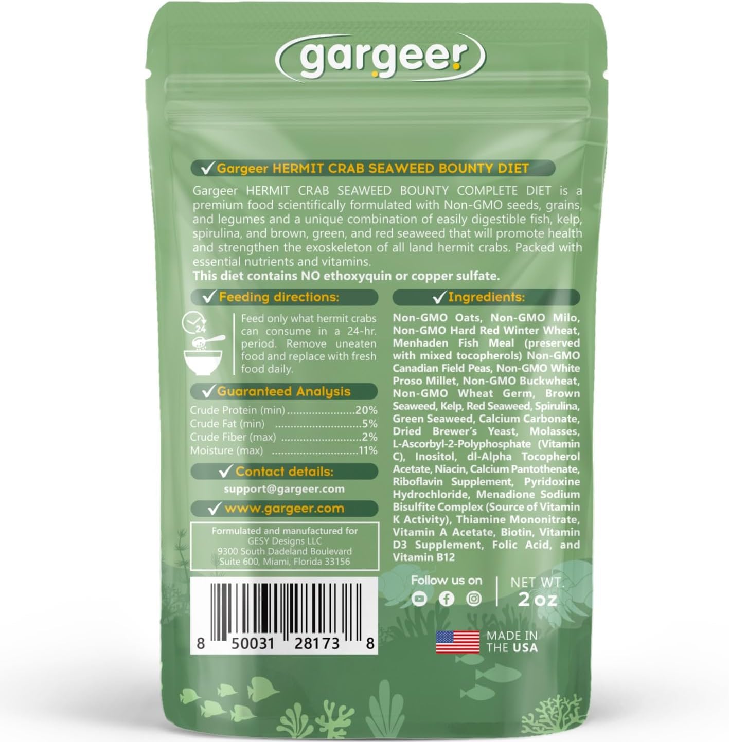 Gargeer 2oz Hermit Crab Seaweed Bounty Complete Diet. Easily Digested, Non-GMO Premium Ingredients Only. Strengthen Your Crab’s Exoskeleton, and Support All Nutritional and Immune System Needs - Image 2