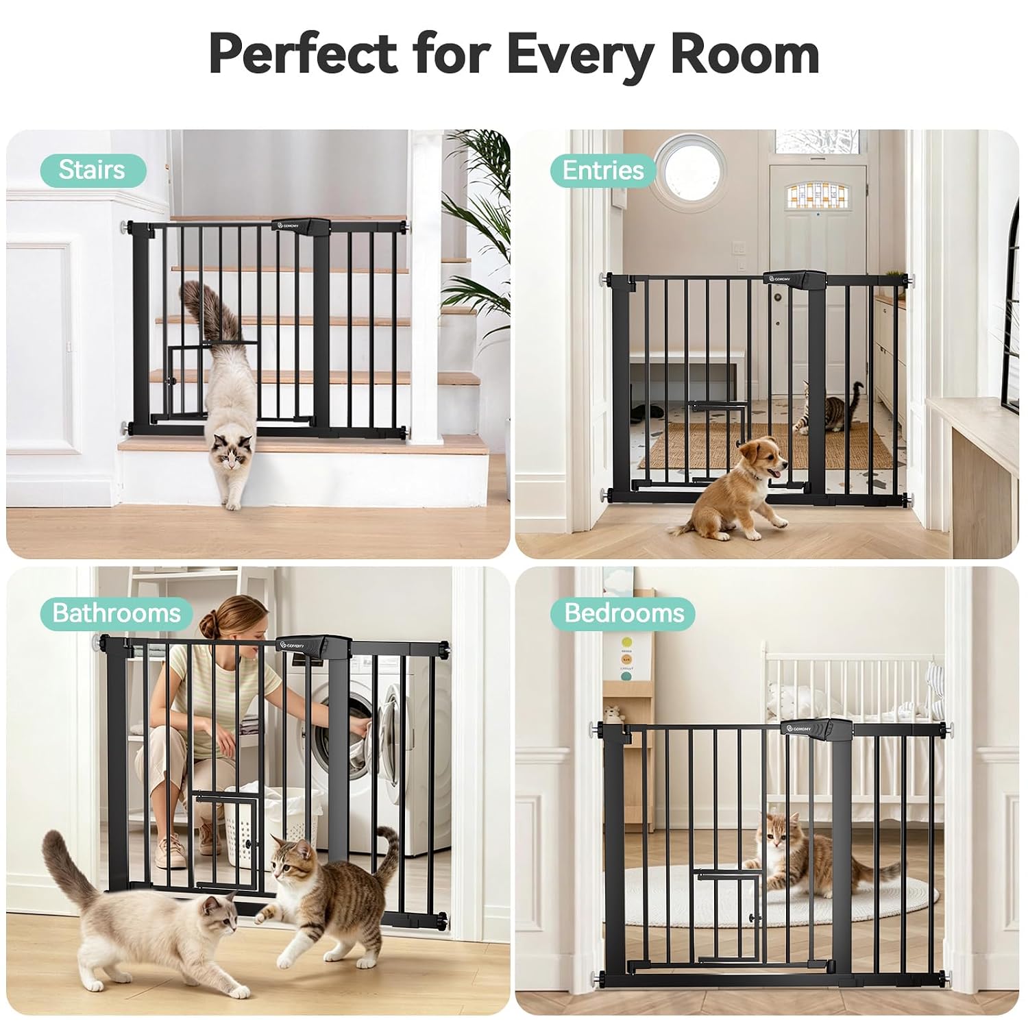 COMOMY Auto Close Pet Gate with Cat Door, 29.5"-40.5" Dog Gate for House Doorways Stairs, Pressure Mounted Easy Walk Thru Safety Gate, Includes 4 Wall Cups and 2 Extension Pieces, Black - Image 8