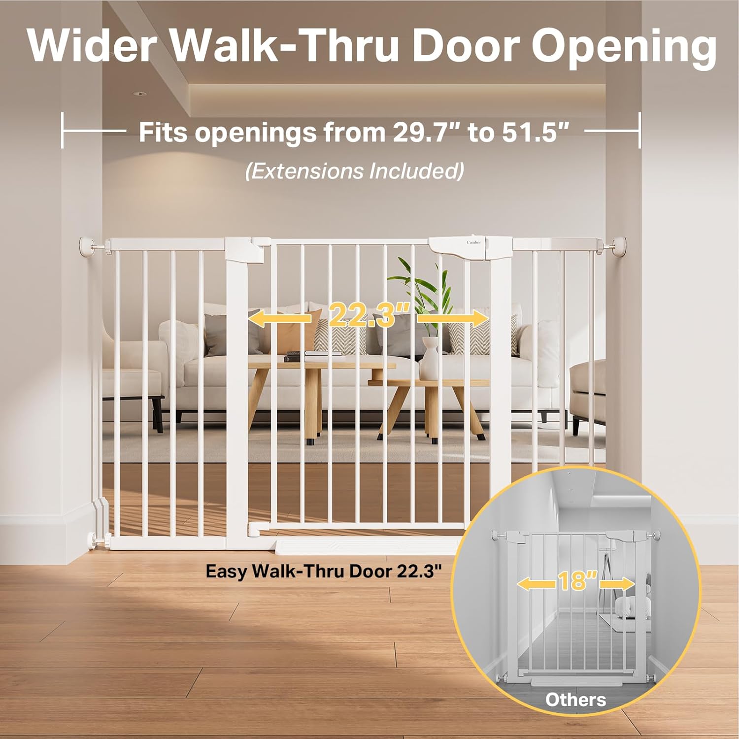 Cumbor 29.7–51.5" Extra Wide Baby Gate for Stairs, Pressure-Mounted Dog Gates for Doorways & Hallways, Auto-Close Walk-Through, No-Trip Design, Child Proof Safety, Dog/Pet Gate for Indoor Use, White - Image 2