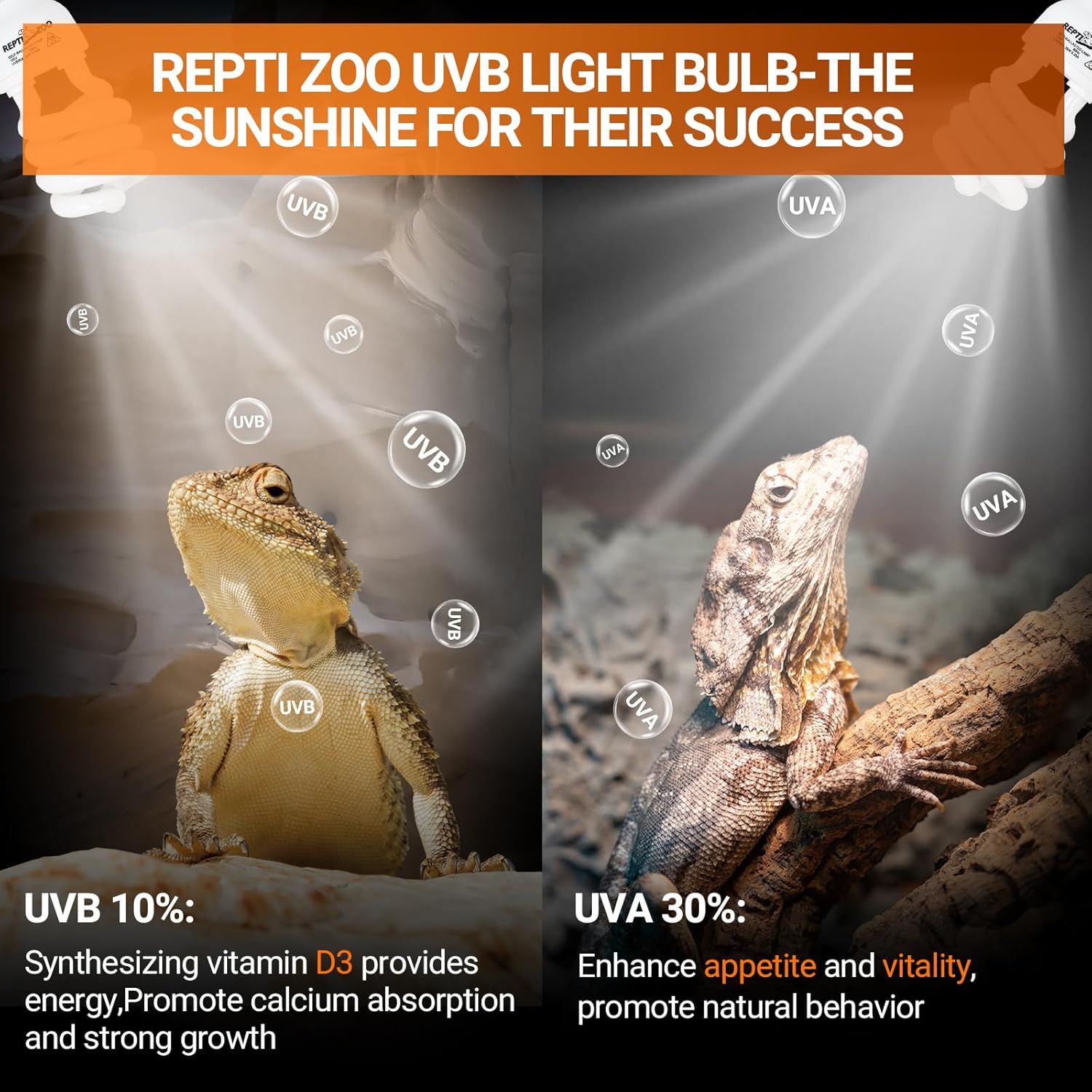 REPTI ZOO UVB Light for Desert Reptile 2 Pack, 10.0 26W UVA UVB Reptile Light Bulb, UVB Spiral Compact Lamp for Bearded Dragons Tortoises Lizards Snakes - Image 3