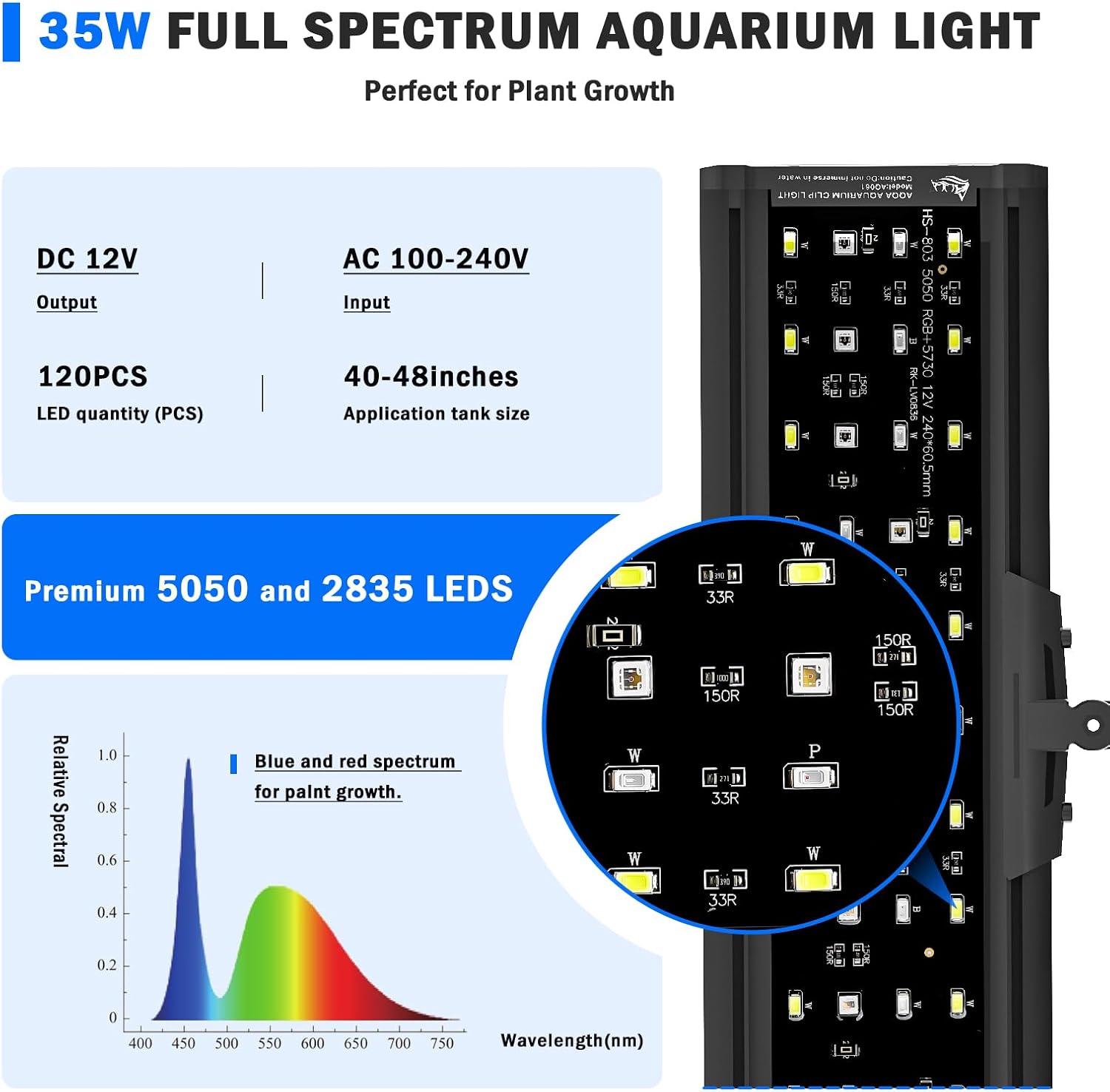 AQQA LED Aquarium Light, 24/7 Mode Clip on Fish Tank Light with Memory Function, DIY Mode Full Spectrum Aquarium Plant Light, Adjustable Timer/Brightness, IP68 Waterproof for 40-48 Inch Fish Tank 35W - Image 6