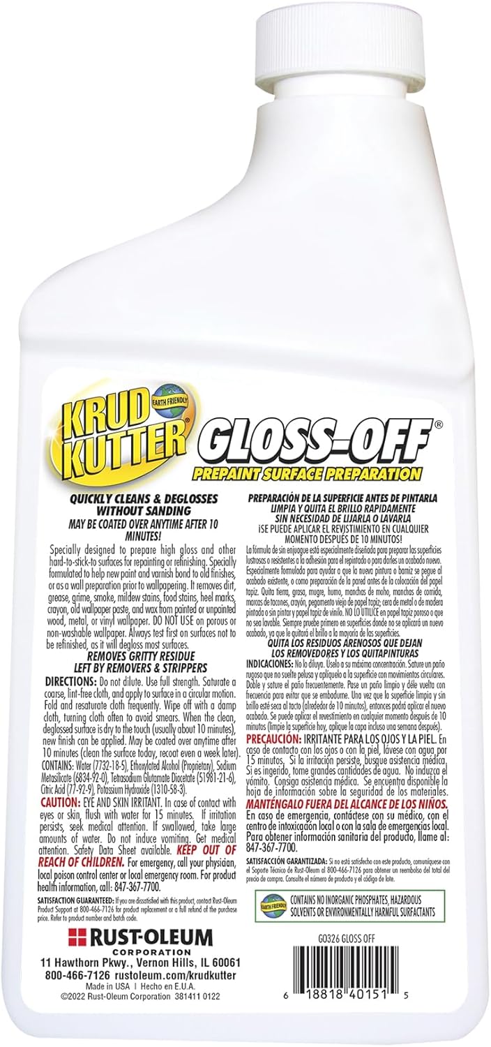 Krud Kutter Gloss-Off Prepaint Surface Preparation Cleaner, 32 oz, No Sanding Liquid Deglosser for Cabinets, Trim, Doors and Furniture, Removes Dirt Grease and Gloss for Paint Adhesion - Image 2