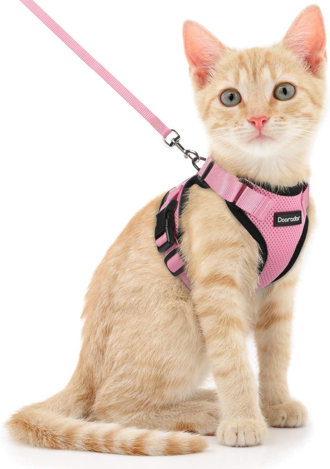 Dooradar Cat Harness and Leash Set, Escape Proof Safe Adjustable Kitten Vest Harnesses for Walking, Easy Control Soft Breathable Mesh Jacket with Reflective Strips for Cats, Pink, Xs
