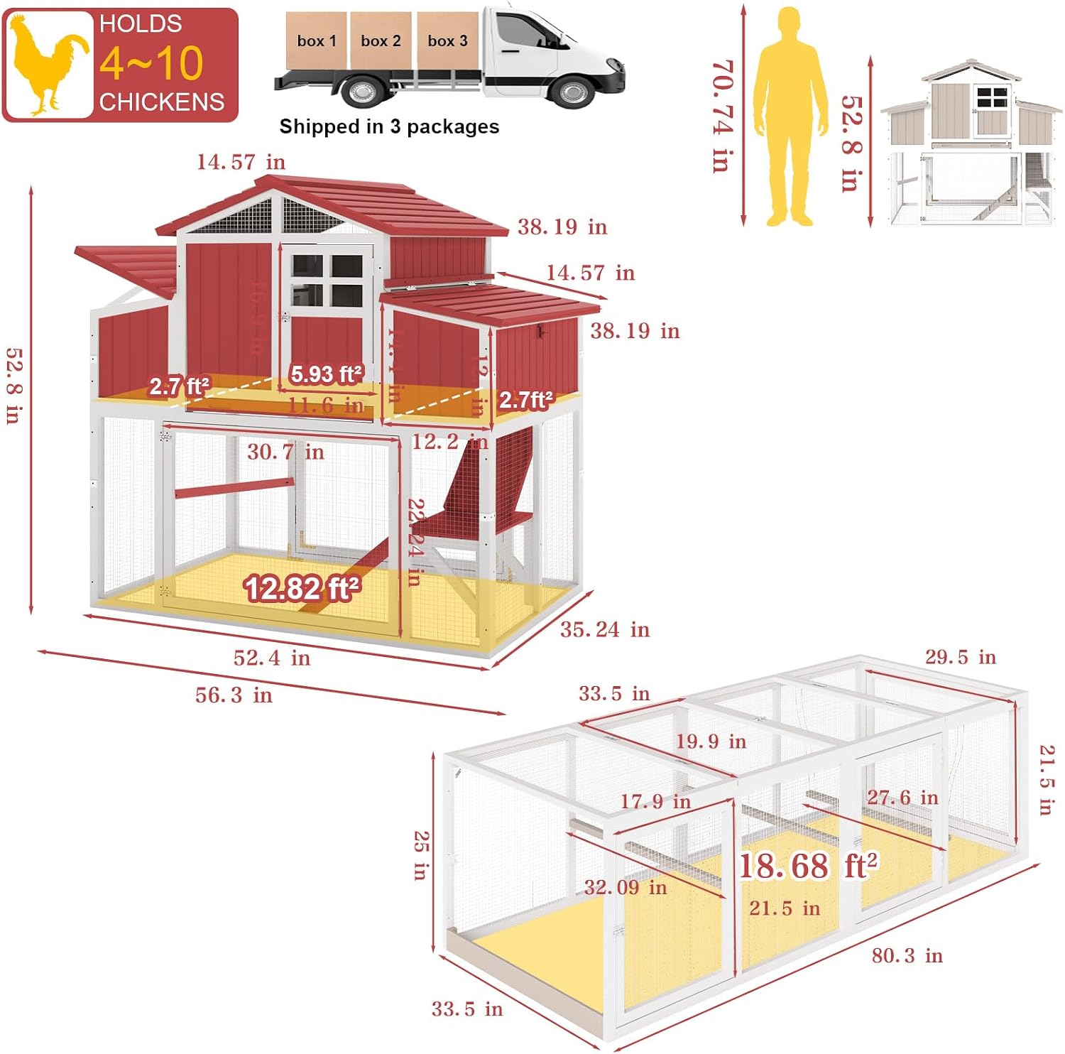 Large Chicken Coop with Run, Outdoor Hen House with 4 Sectionable Nesting Boxes, Poultry Duck House for 4-10 Chickens with 5 Perches, Leakproof Pull-on Tray and Ramp, Red - Image 2