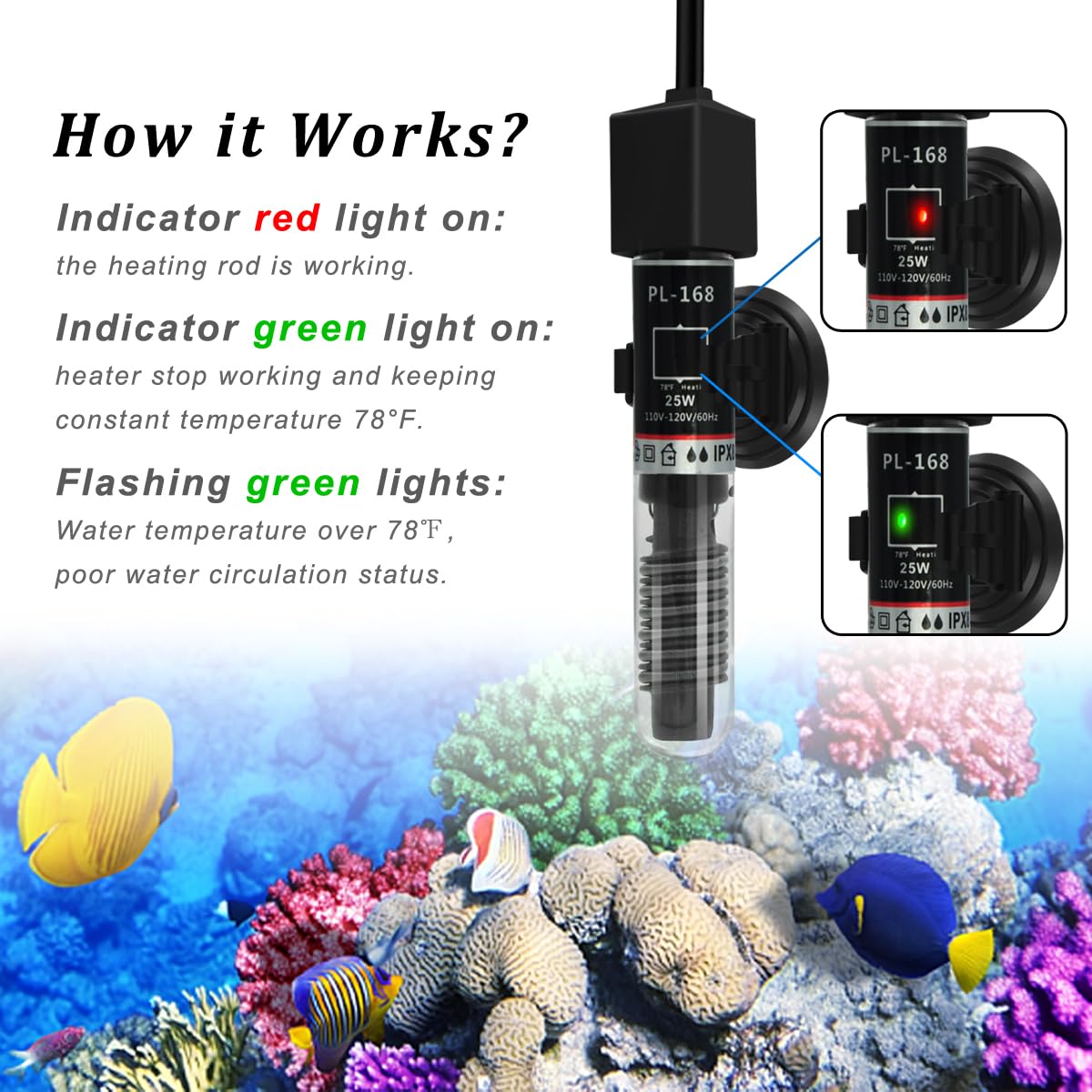 PULACO 25Watt Mini Aquarium Submersible Betta Heater with Free Thermometer Strip for 1-6 Gallon Fish Tanks (Preset Temperature 78℉) - Image 4