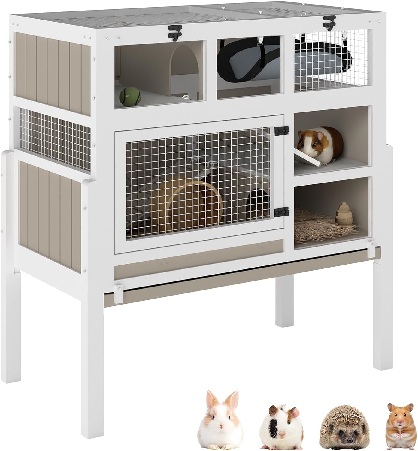 Guinea Pig Cage Indoor, 3-Tier Wooden Small Animal Habitat with Stand, Rabbit Hutch with Ramp, Removable Hammock & Hideout, Leak-Proof Pull-Out Tray for Guinea Pigs, Rabbits, Hamsters
