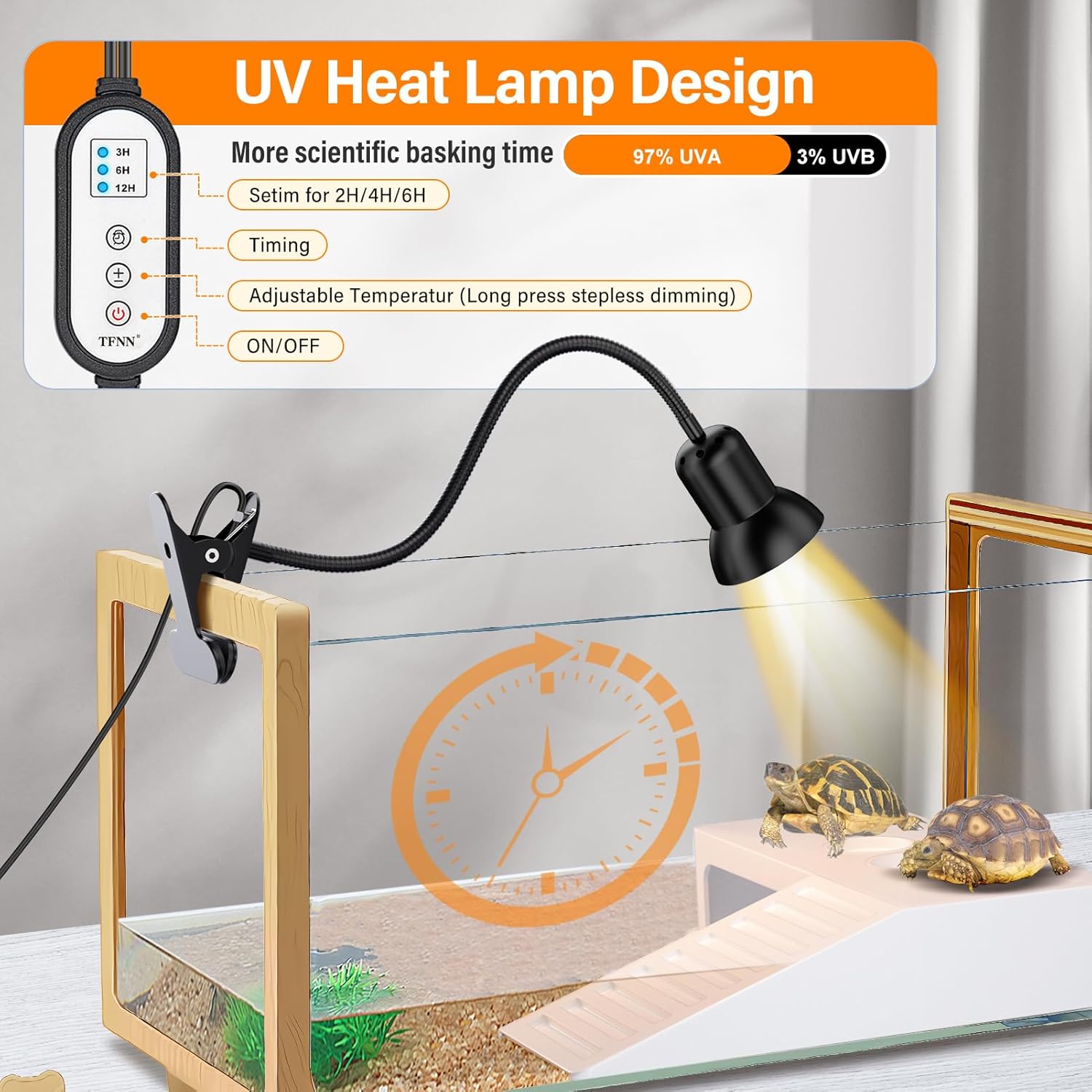 TFNN Reptile Heat Lamp, Heat Lamp with Clamp, UVA UVB Reptile Light with Intelligent Cycle Timer for Turtle, Bearded Dragon, Lizard and More, 2 Bulbs 50W+75W - Image 4
