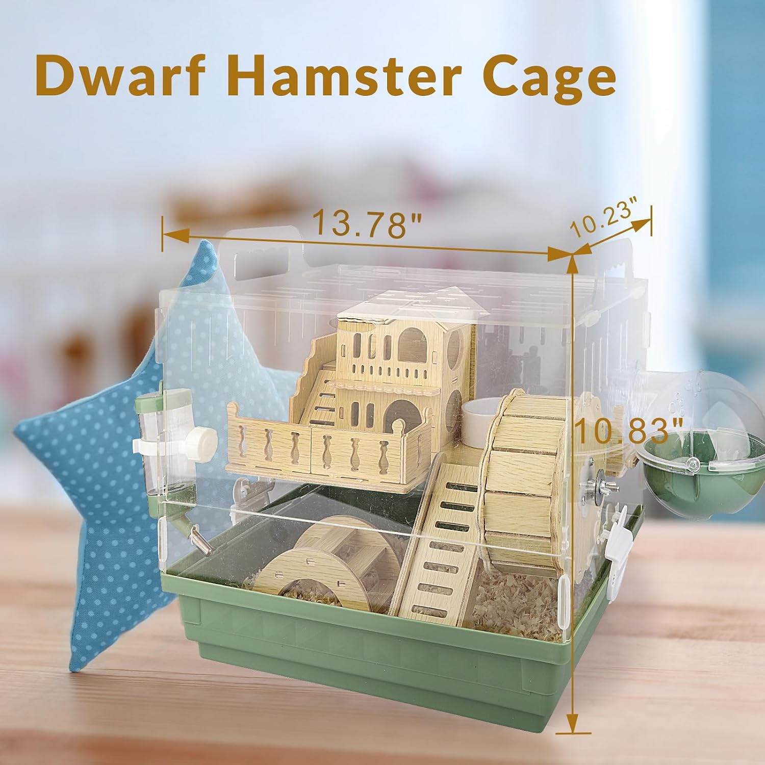 Cycodo 8 in 1 Acrylic Hamster Cage,2-Tier Dwarf Hamster Cage with Wooden Wheel & Hideout,Small Hamster Habitat with Accessories,Clear Pet Mice House(Green,14" L*10" W*11" H) - Image 4