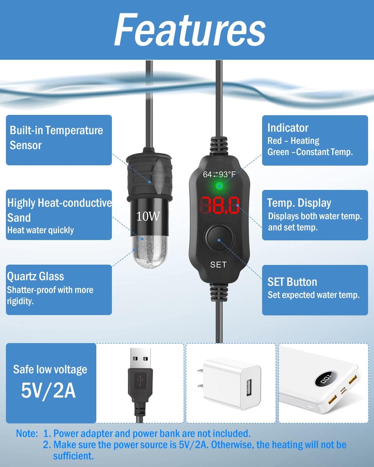AquaMiracle Mini Aquarium Heater 5V/2A USB 10W Small Fish Tank Heater for Tanks up to 1 Gal, Digital Display Thermostat Betta Heater with Dry-Run & Overheat Protection, Memory Function - Image 5