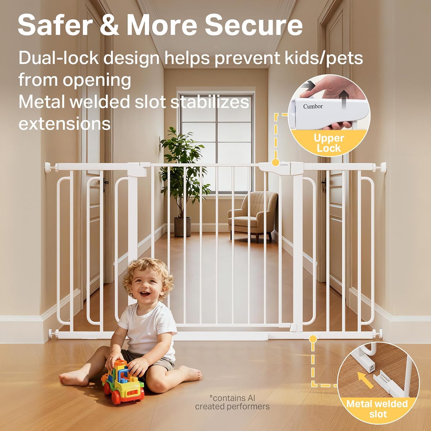 Cumbor 36.6-59" Extra Wide Baby Gate for Stairs, Pressure Mounted Dog Gate for Doorways, Auto-Close Easy Walk Through Safety Child Gate for Kids Toddler, Tall Pet Gates Indoor, White - Image 4
