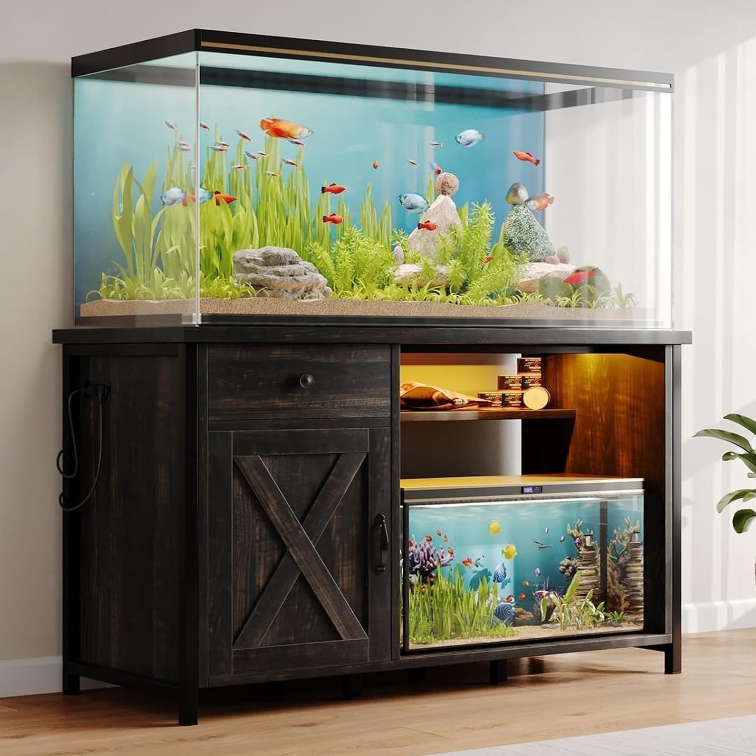 4ever2buy 55-75 Gallon Fish Tank Stand with Power Outlets, LED Light, Heavy Duty Aquarium Stand with Cabinet for Fish Tank Accessories Storage, for Turtle Tank, Reptile Terrarium, 1100LBS, Oak - Image 9