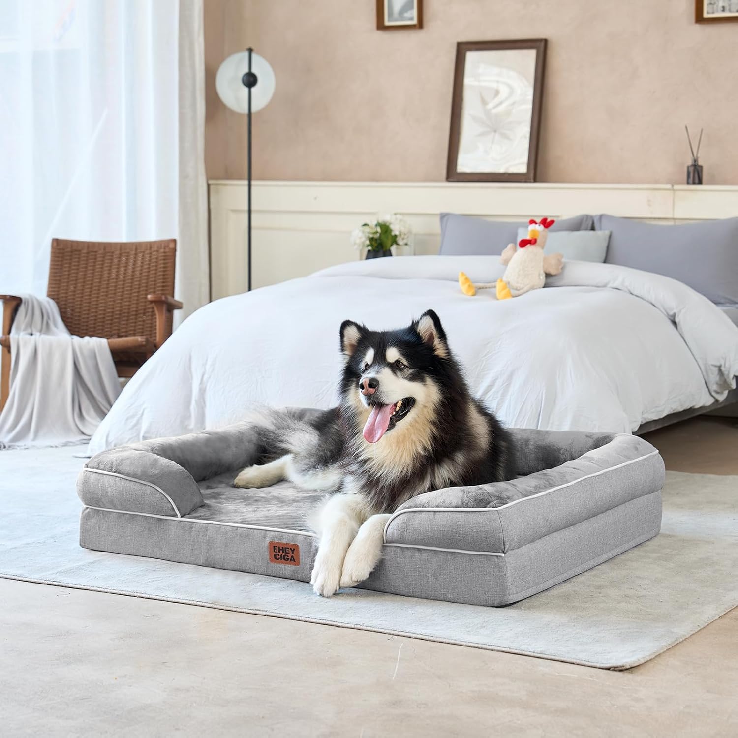 EHEYCIGA Orthopedic Dog Beds for Extra Large Dogs 44x32Inch, Polyurethane Foam XL Pet Bed with Sides, Non-Slip and Egg-Crate Foam Big Dog Couch Bed with Washable Removable Cover, Grey - Image 9