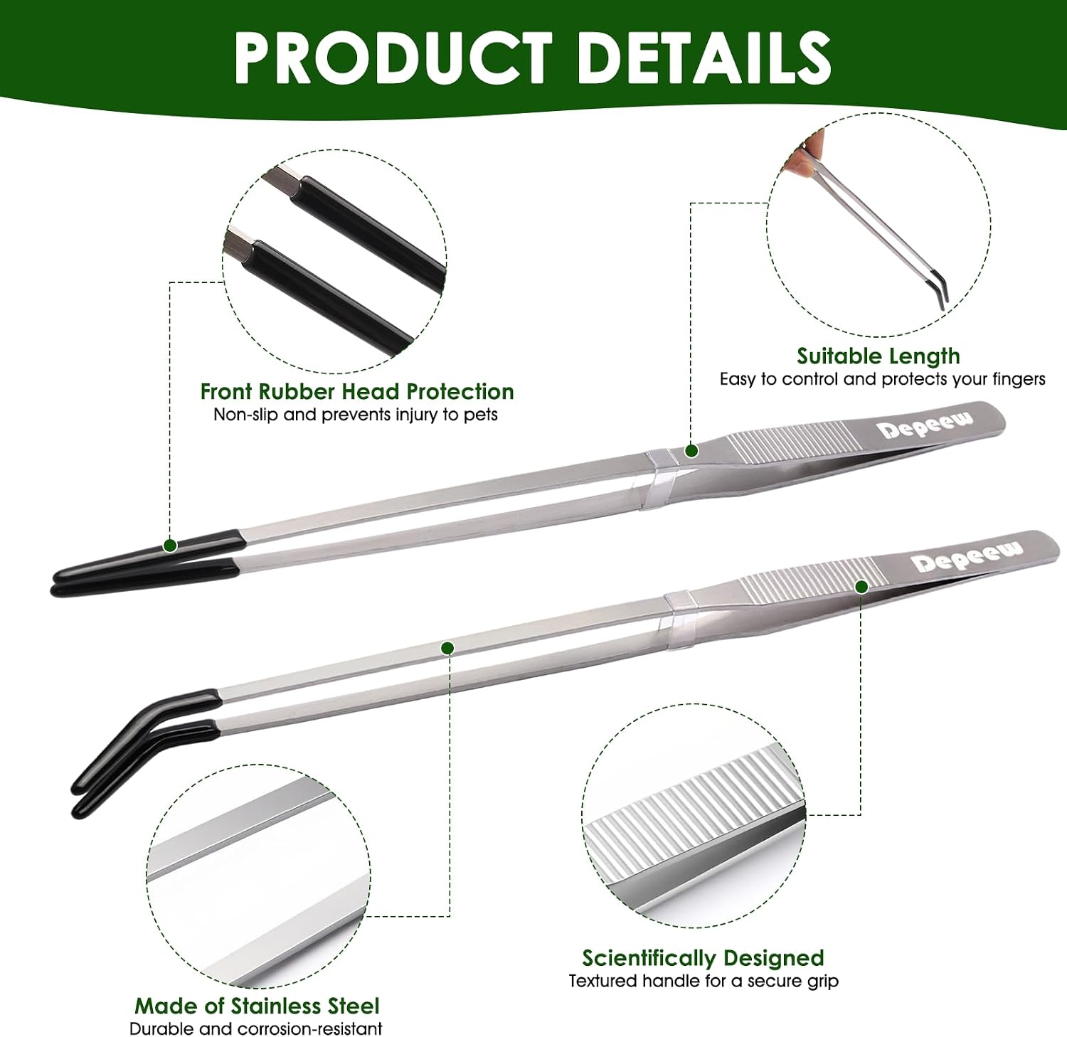 Reptile Feeding Tongs, Stainless Steel Long Tweezers Set, 4 Pack | 10.6" Straight & Curved Tweezers with Soft Rubber Tip, for Aquarium Terrarium, Crafts, Bearde Dragon Tank Accessories, Silver - Image 3