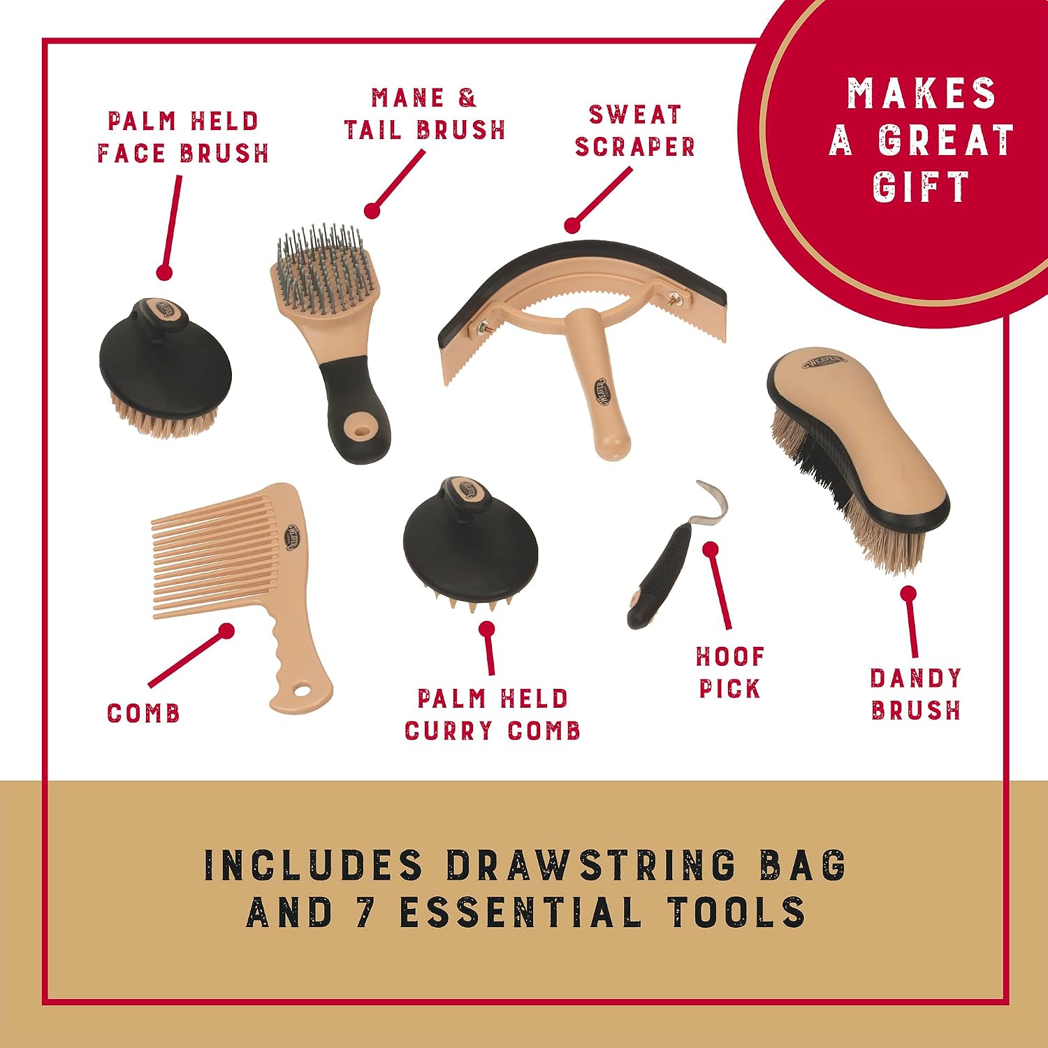Weaver Equine Horse Grooming Kit, 7-Piece Horse Brush Set with Organizer Tote Bag, Hoof Pick, Comb, Sweat Scraper, Equine Tools for Daily Grooming, Black/Beige - Image 4