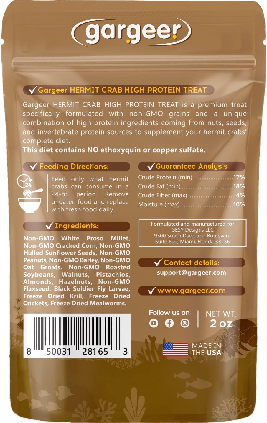 Gargeer Hermit Crab Protein Treat. Non-GMO Premium Ingredients, to Meet All Protein and Support Strength and Growth. 2oz Granular Textured ‘Surprise Your Crab’ Meal. Enjoy! - Image 2
