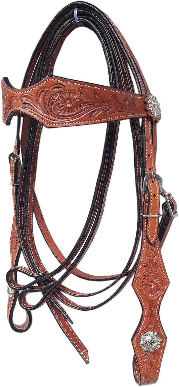 Western Leather Horse Headstall and Reins Combo Natural Antique Tooling, Quick Bit Change Adjustable Browband Headstall and Free Size Reins for Horses - Image 3