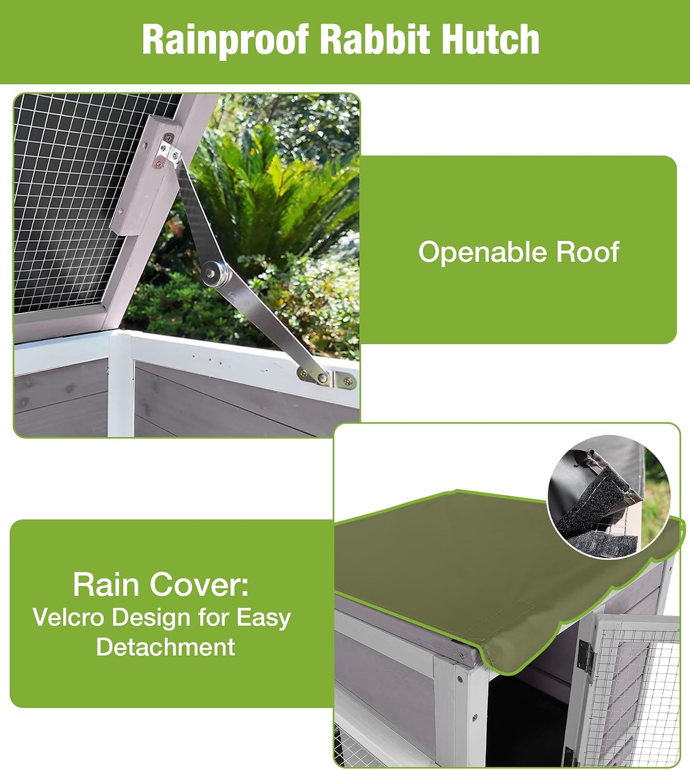 GUTINNEEN Duplex Rabbit Hutch Indoor with Chew-Proof Frame & 2 Leak-Proof Sliding Trays, Rain Cover, Wooden Guinea Pig Cages with Wheels - Grey - Image 4