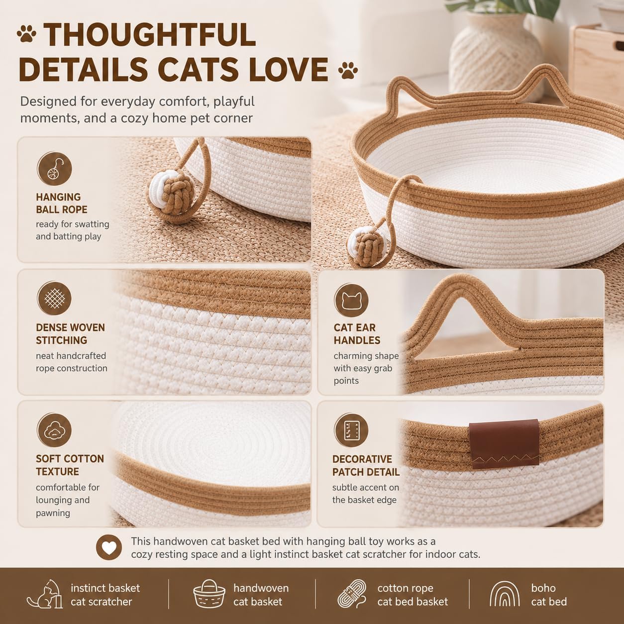 Instinct Basket for Cats, 35/40/46cm Stimuli Handwoven Cat Basket Bed with Cat Ear Handles, Cotton Rope Cat Basket Bed Ball Rope, Indoor Use for All Cats - Image 2