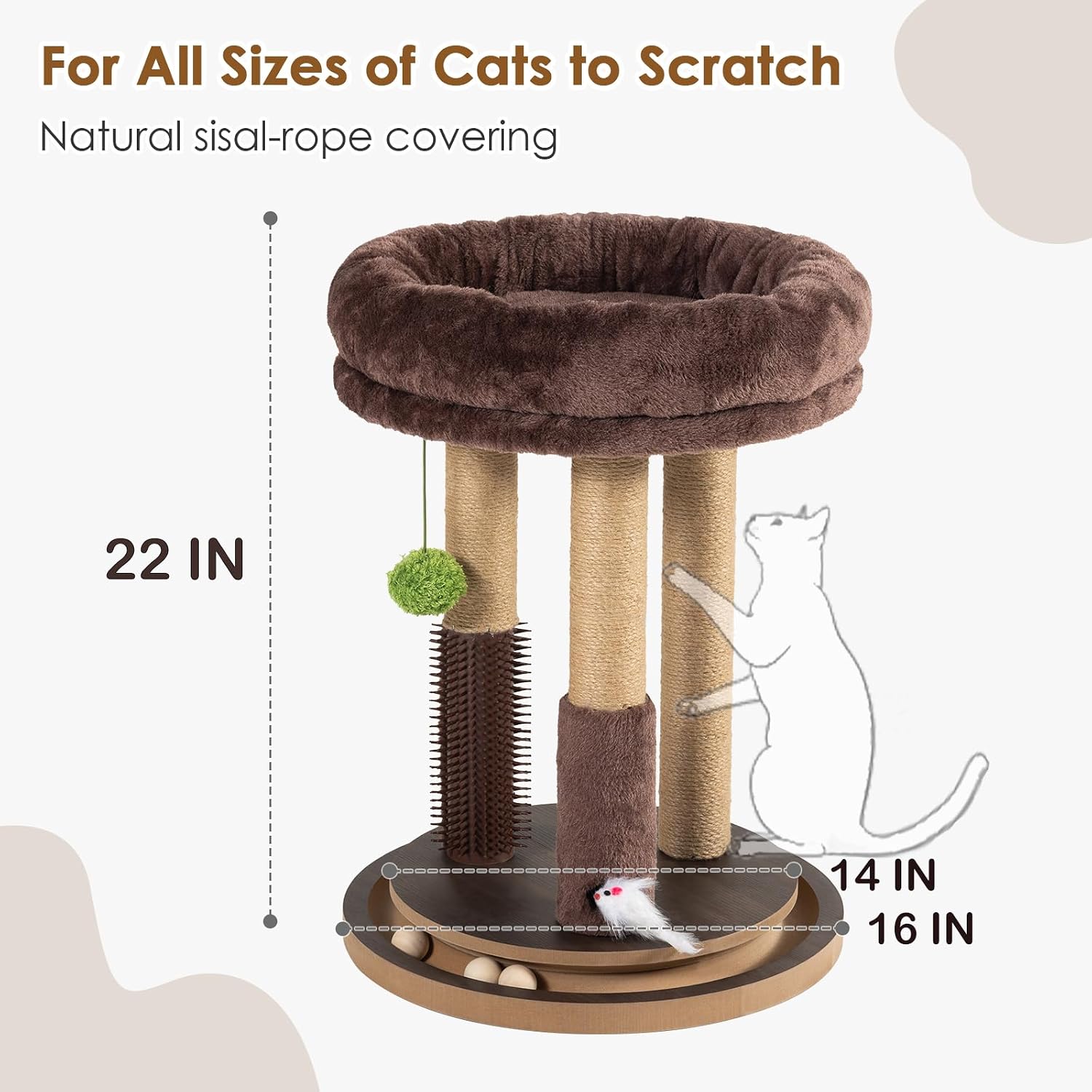 22 Inch Heavy-Duty Cat Scratching Post with Cozy Plush Bed, 3 Sisal Scratching Posts, Interactive Cat Scratcher with Grooming Brush, Hanging Pom-Pom, Track Balls & Mouse Toy for Indoor Cats - Image 2