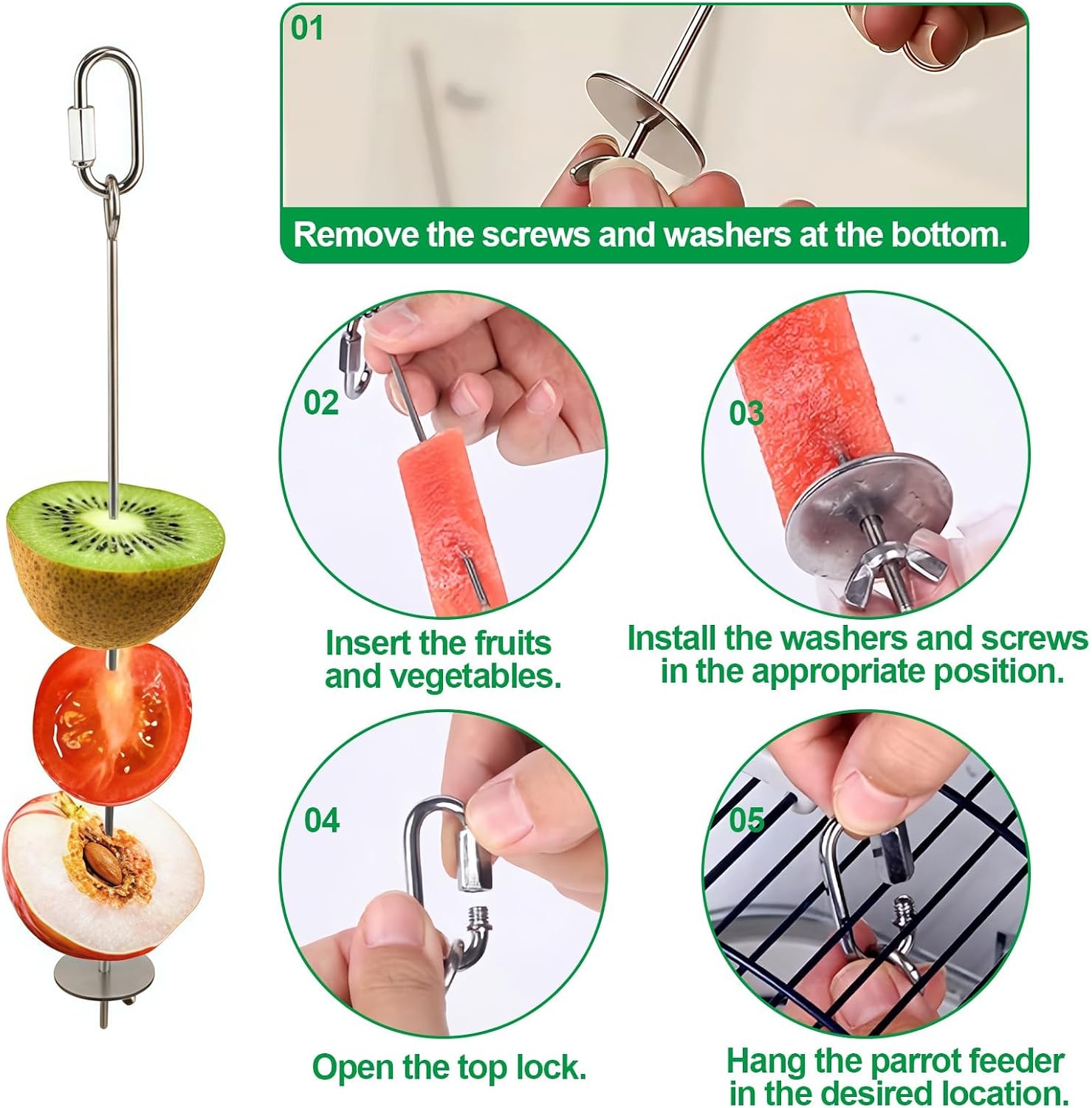 2 Pcs Bird Cage Food Holder Stainless Steel Parrot Fruit & Vegetable Skewer Hanging Foraging Toy for Parakeets, Budgies, Macaws - Image 3