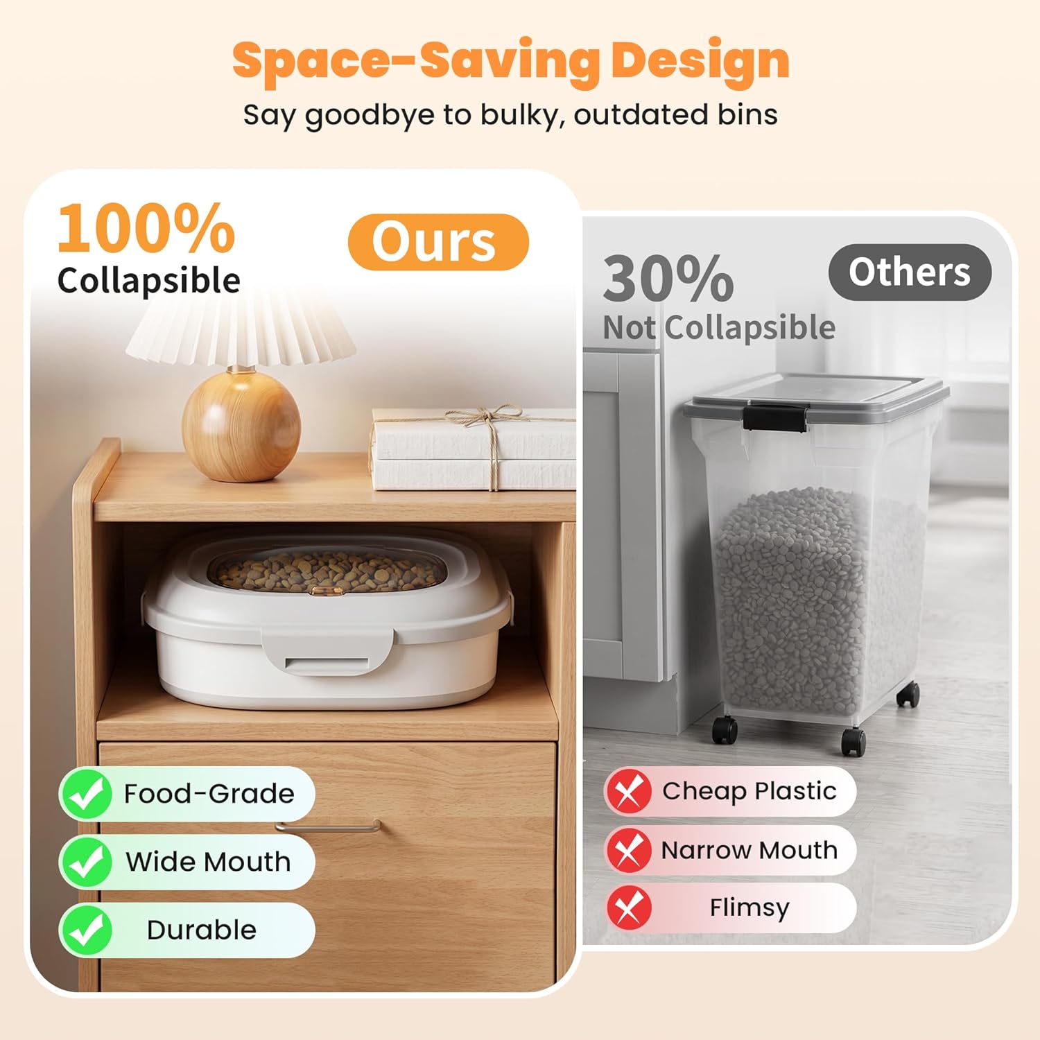 30 Lbs Dog Food Storage Container with Wheels, Collapsible Pet Food Storage Container with Clear Window, Measuring Cup & Scoop, BPA Free Cat Food Container for Rice, Flour, Grain, Bird Seed - Image 6