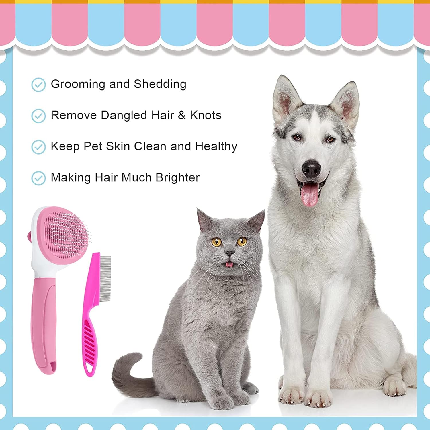Cat Brushes for Indoor Cats, Dog Brush for Shedding with Metal Cat Comb, Self Cleaning Pet Hair Brush with Release Button for Grooming Kitten(Pink) - Image 4