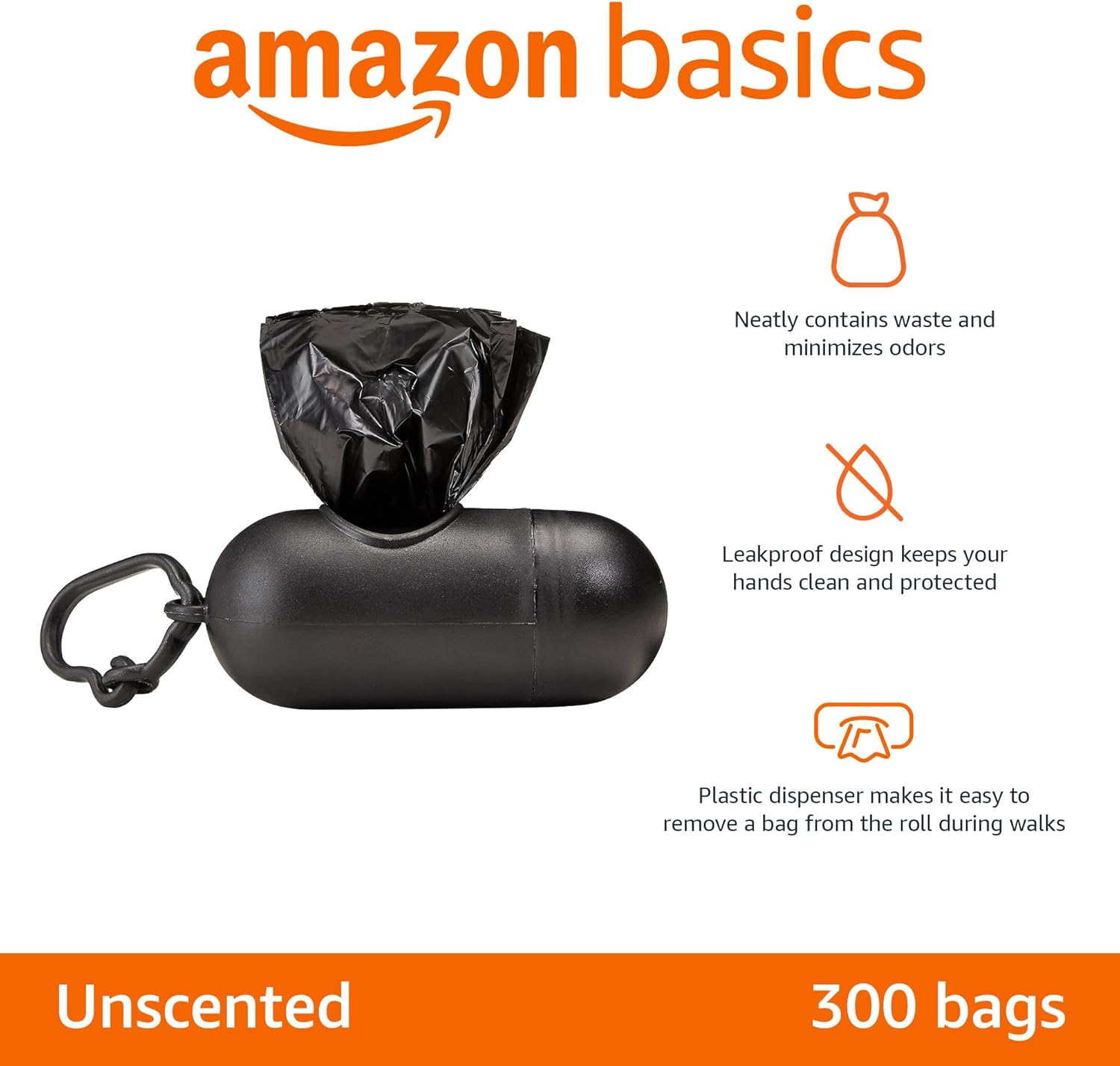 Amazon Basics Dog Poop Leak Proof Bags with Dispenser and Leash Clip, Unscented, 13" x 9" Large Size, 300 Count - Image 2
