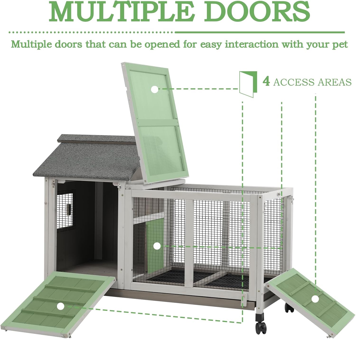 Gowoodhut 38.19"L Rabbit Hutch Indoor and Outdoor with 4 Wheels,Wooden Rabbit Cage with Pull Out Leak-Proof Tray for 1-2 Rabbits,Bunny Hutch with Asphalt Roof Suitable for Garden,Park,Living Room,Grey - Image 3