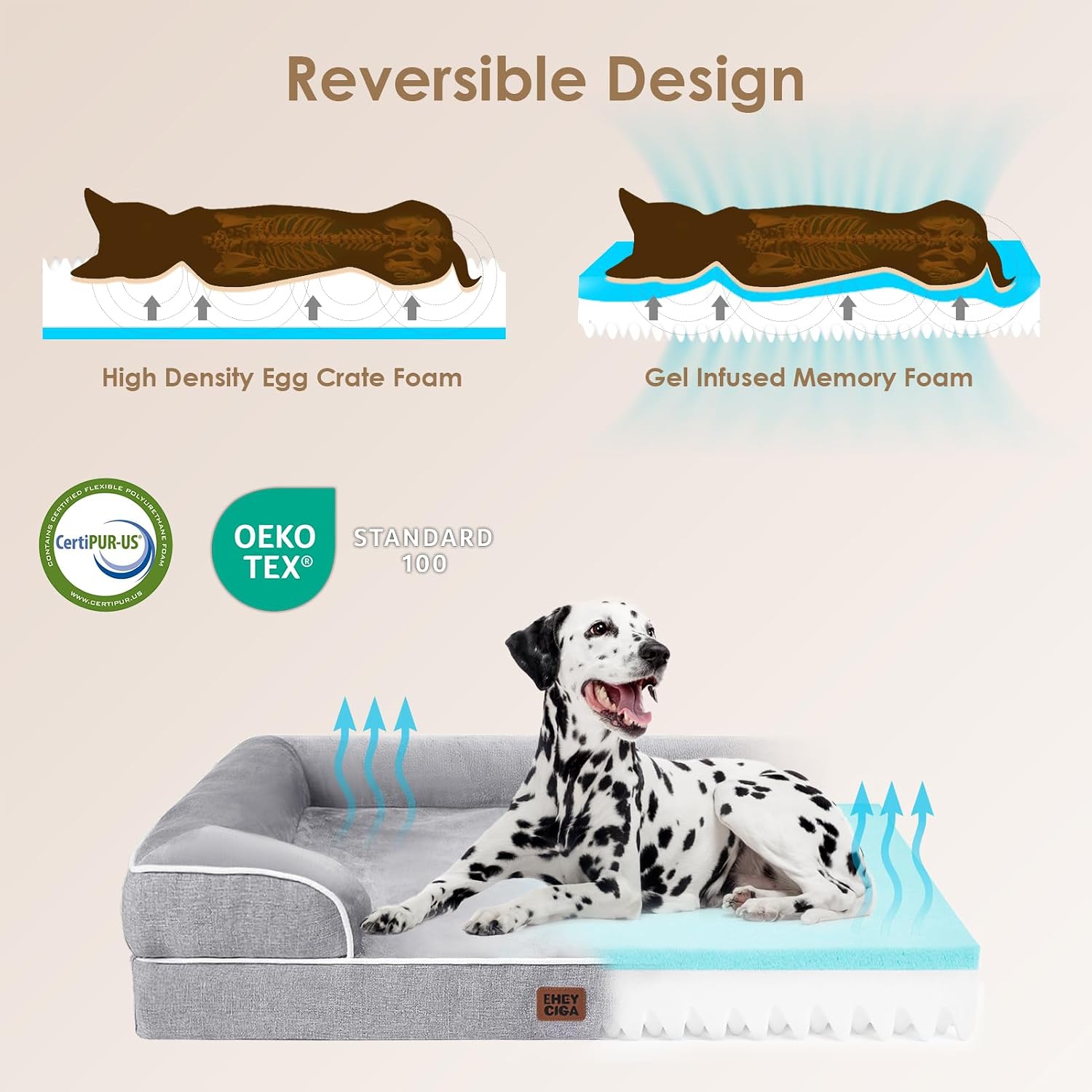 EHEYCIGA Orthopedic Dog Beds for Extra Large Dogs 44x32Inch, Polyurethane Foam XL Pet Bed with Sides, Non-Slip and Egg-Crate Foam Big Dog Couch Bed with Washable Removable Cover, Grey - Image 4