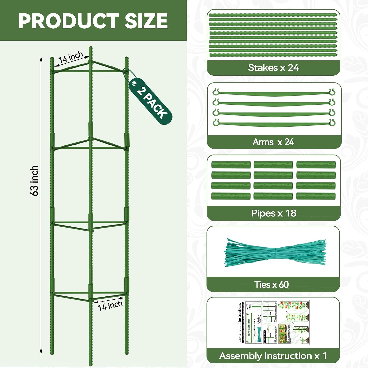 Halatool 2 Pack Tomato Cages for Garden, Up to 63 inch(5.2FT) Adjustable Tall Tomato Cage,Garden Stakes Tomato Trellis for Pots,Tomato Plant Support for Raised Garden Bed &Vegetables Flowers(Green) - Image 6