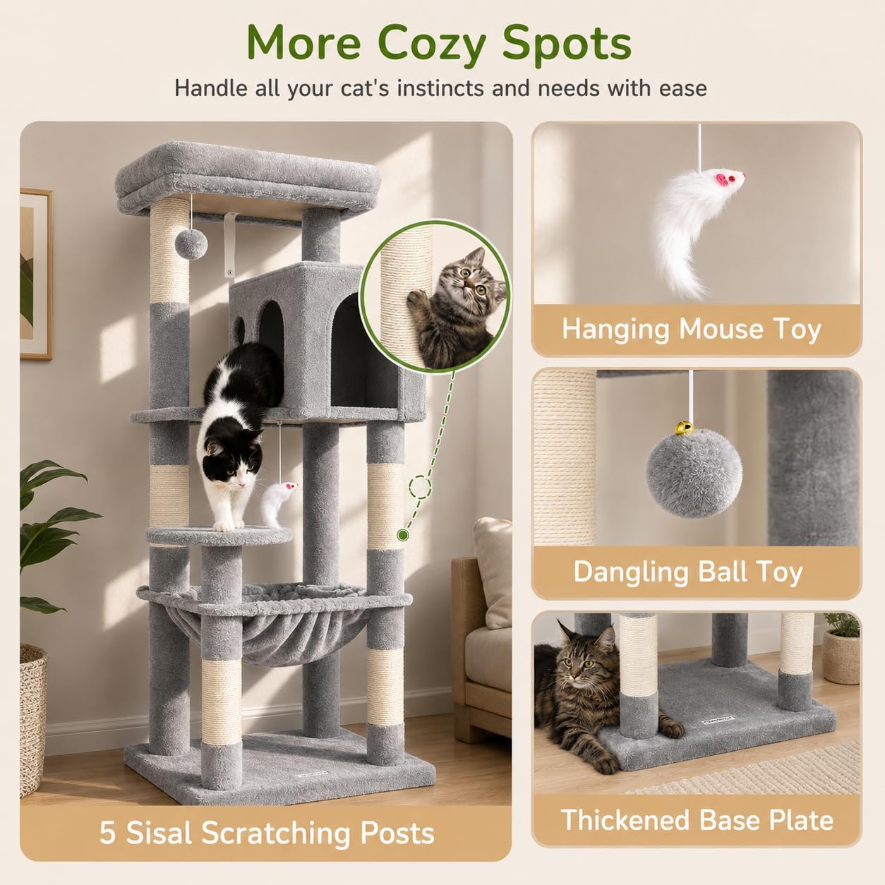 Globlazer Cat Tree Tower with Scratching Post for Indoor Cats, 53inch Tall Plush Multi-Level Cat Climbing Tower Condo House with Large Hammock, Spacious Cat Cave, Padded Top Perch Bed, F53, Light Gray - Image 5