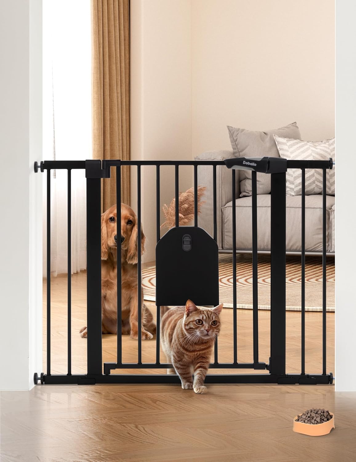 Babelio Auto Close Baby Gate with Cat Door, CatPrivilege Ⅰ, 29-43" Metal Gate for Doorway, Stairs, House, Easy Walk Thru with Pet Door, Includes 4 Wall Cups and 3 Extension Pieces, Black