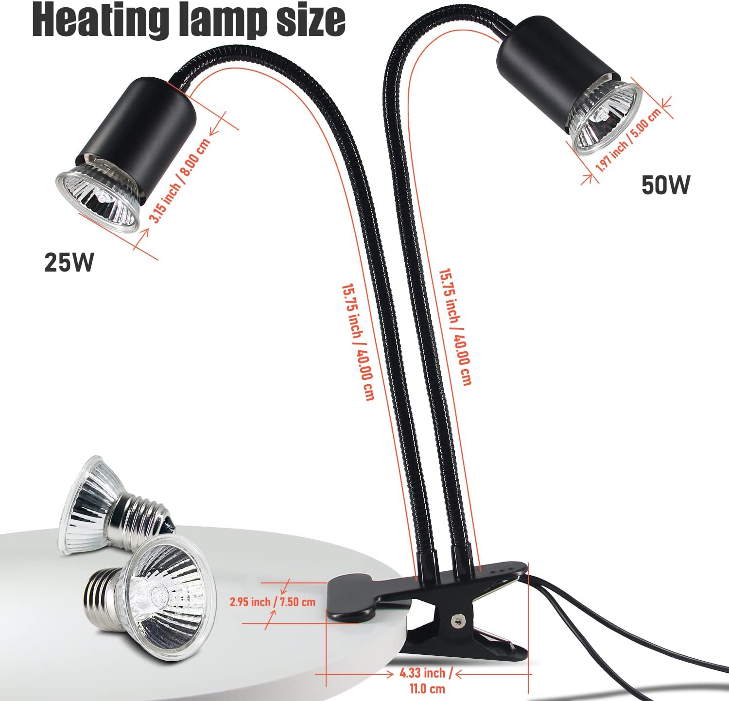 TFNN Reptile Heat Lamp, Double-Head Heat Lamp with Clamp, UVA UVB Reptile Light with Intelligent Cycle Timer for Turtle, Bearded Dragon, Lizard and More, 2 Bulbs 25W+50W - Image 4