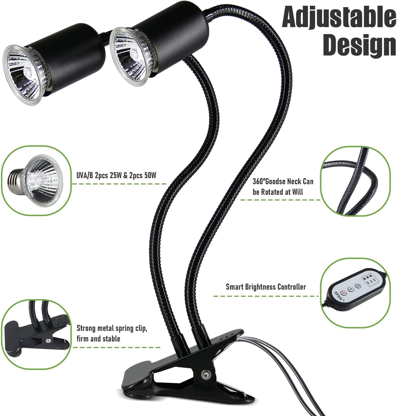 TFNN Reptile Heat Lamp, Double-Head Heat Lamp with Clamp, UVA UVB Reptile Light with Intelligent Cycle Timer for Turtle, Bearded Dragon, Lizard and More, 2 Bulbs 25W+50W - Image 3