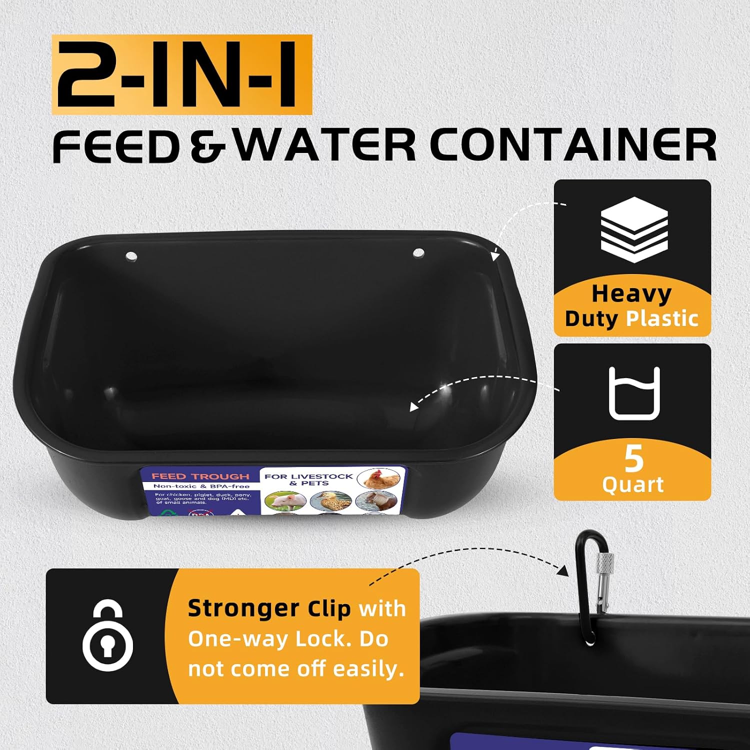 Goovilla Chicken Feeder Waterer, Hanging or Screw-in Fence Feeders with Clips, 2 Pack 5 Quart Goat Feeding Supplies, Duck Piglet Sheeple Coop Dog Livestock Poultry Plastic Feeder Trough Bucket, Black - Image 2