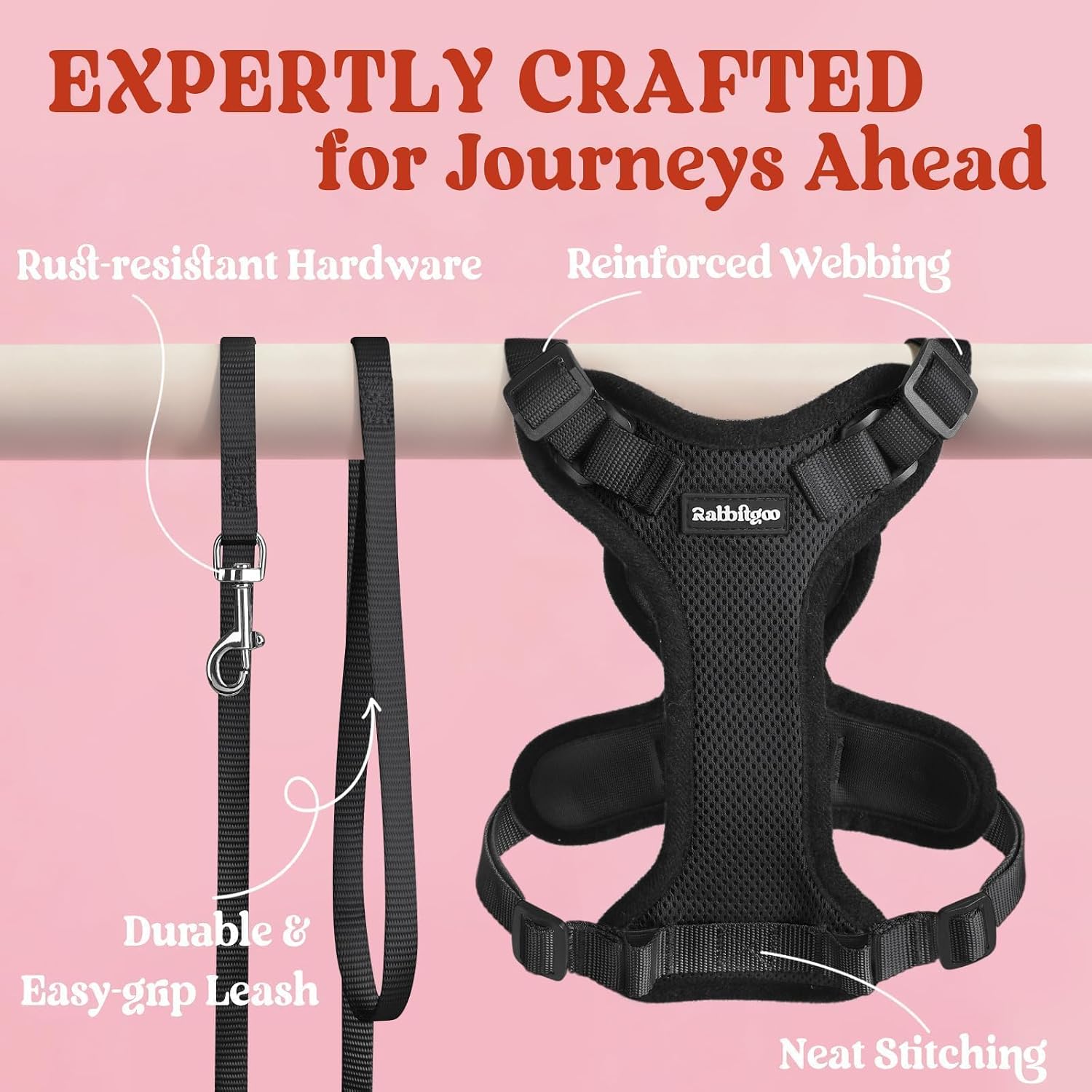 rabbitgoo Cat Harness and Leash Set, Escape Proof Vest, Black | Soft Breathable Mesh, Easy Adjustable Fit, Snap Buckles, Sturdy Clip, Reflective Strips, for Small & Average Cats Walks, Xs - Image 7